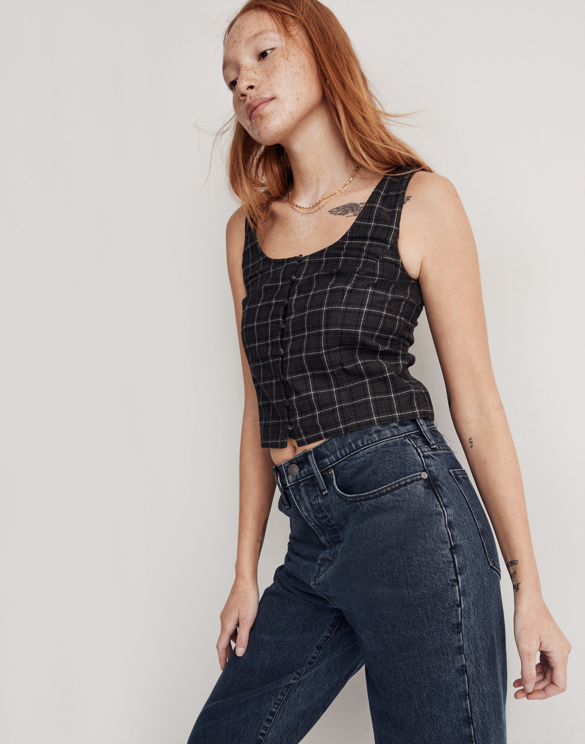 Corduroy Sleeveless Crop Top in Plaid