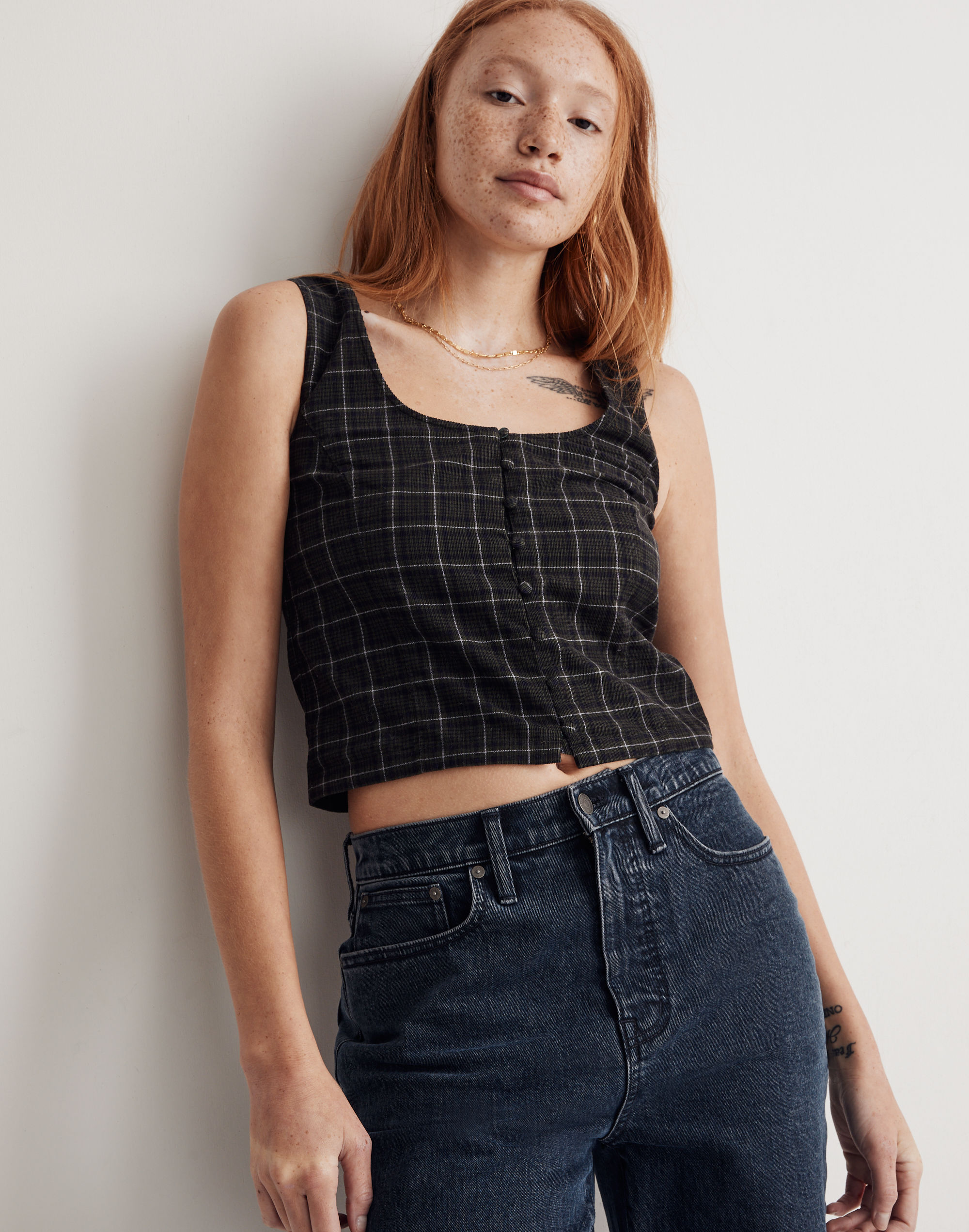 Corduroy Sleeveless Crop Top in Plaid