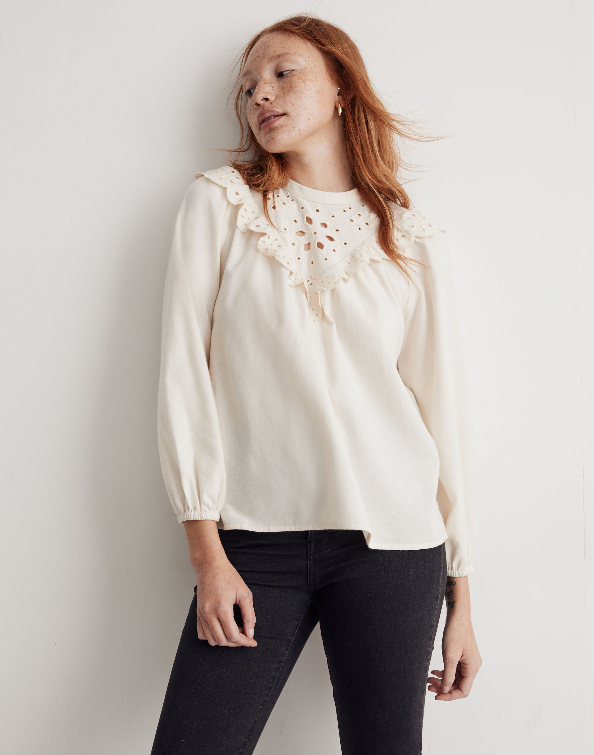 Embroidered Flannel Mockneck Top