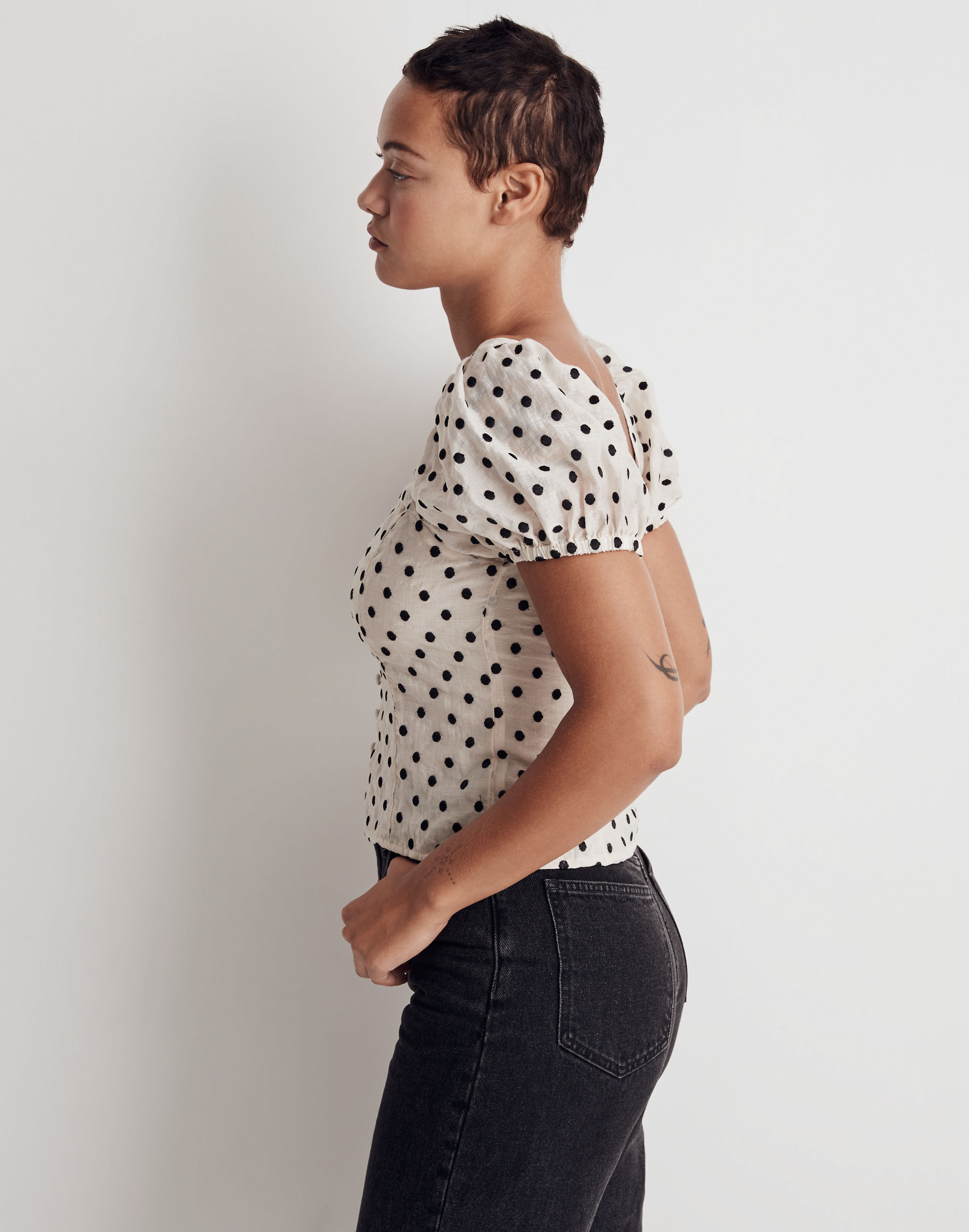 Embroidered Organza Puff-Sleeve Top