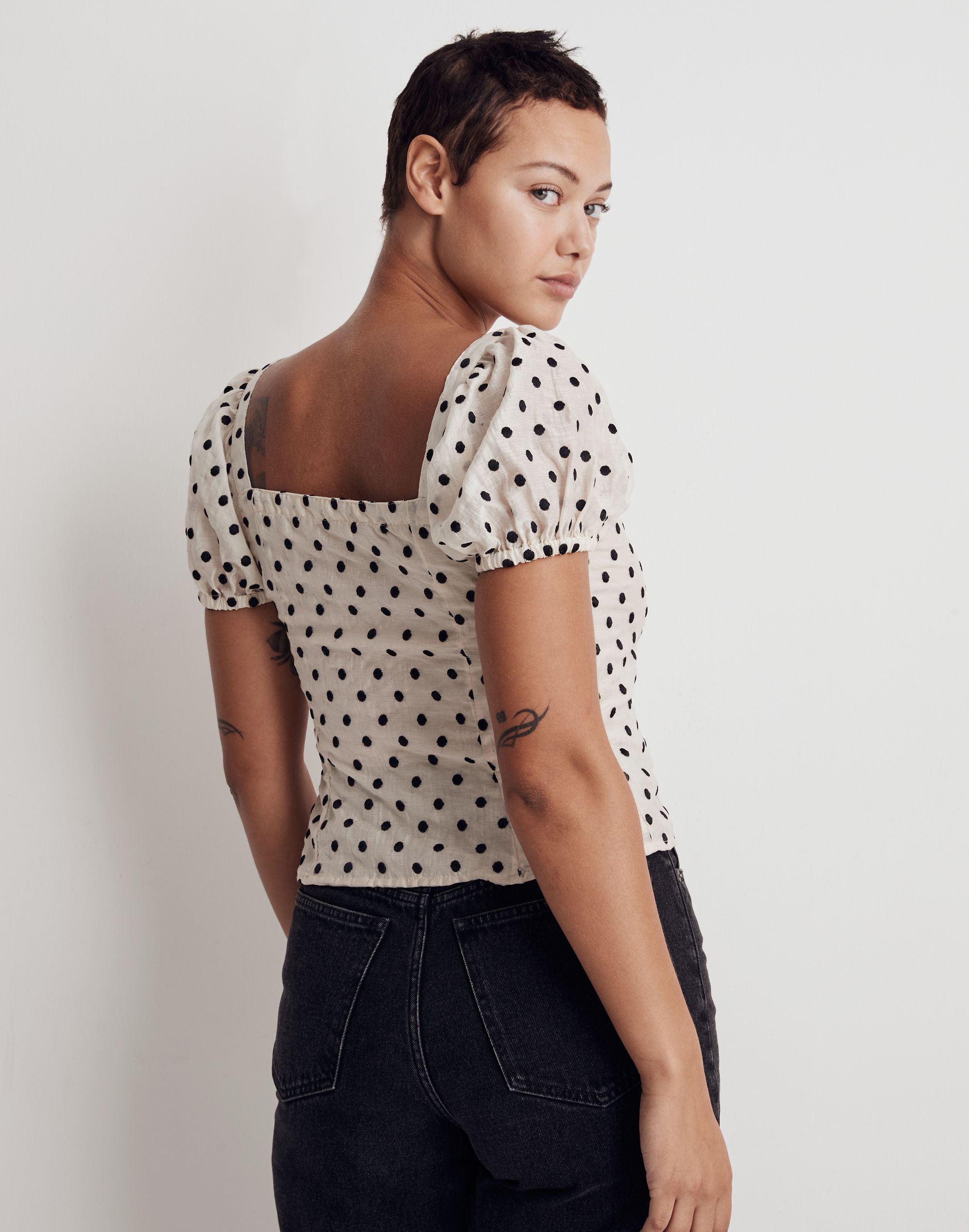 Embroidered Organza Puff-Sleeve Top