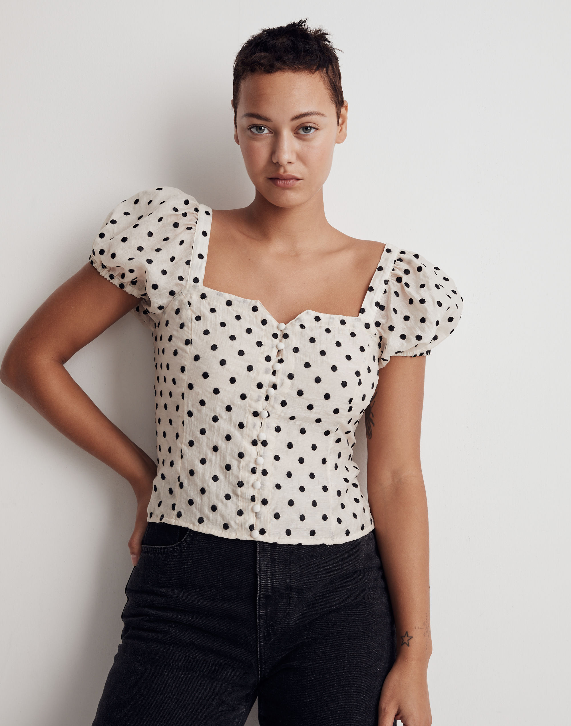 embroidered organza puff-sleeve top