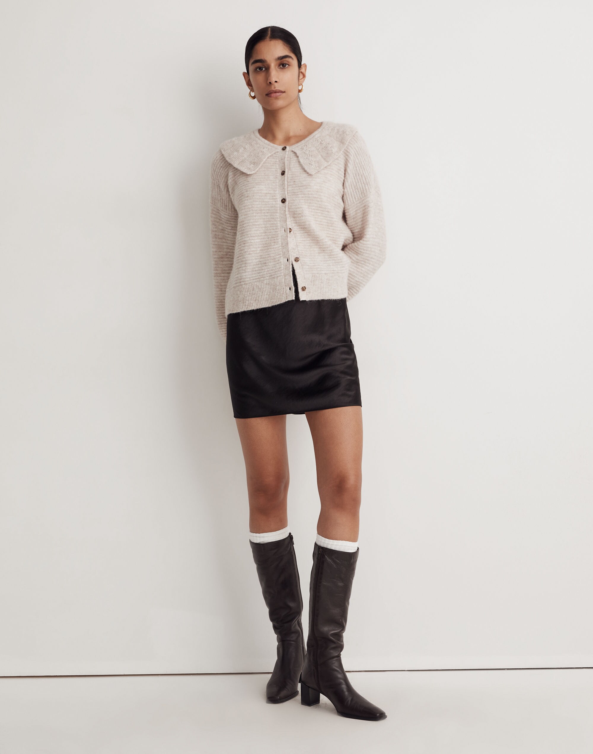 Pointelle-Collar Cardigan Sweater