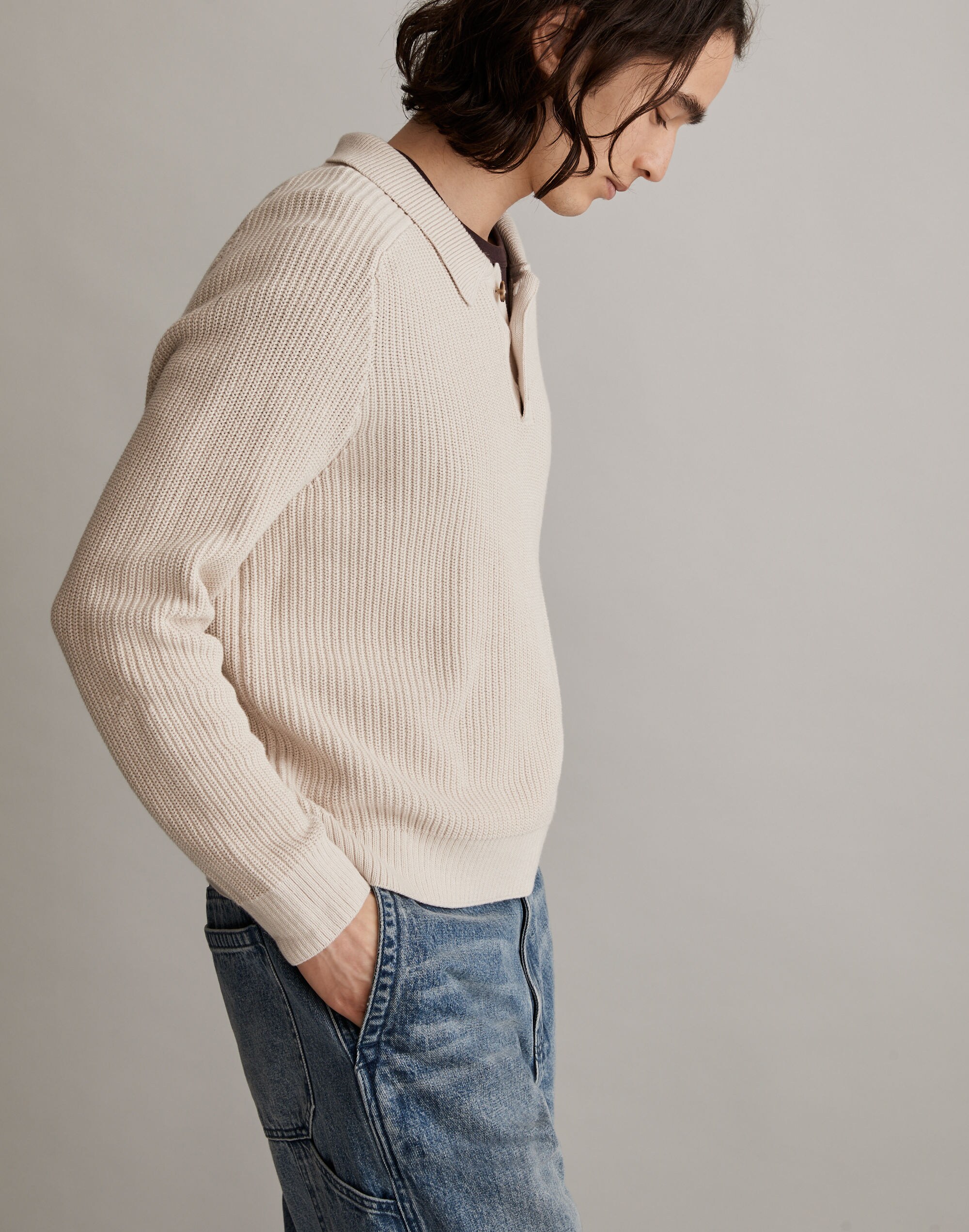 Cotton-Linen Long-Sleeve Sweater Polo