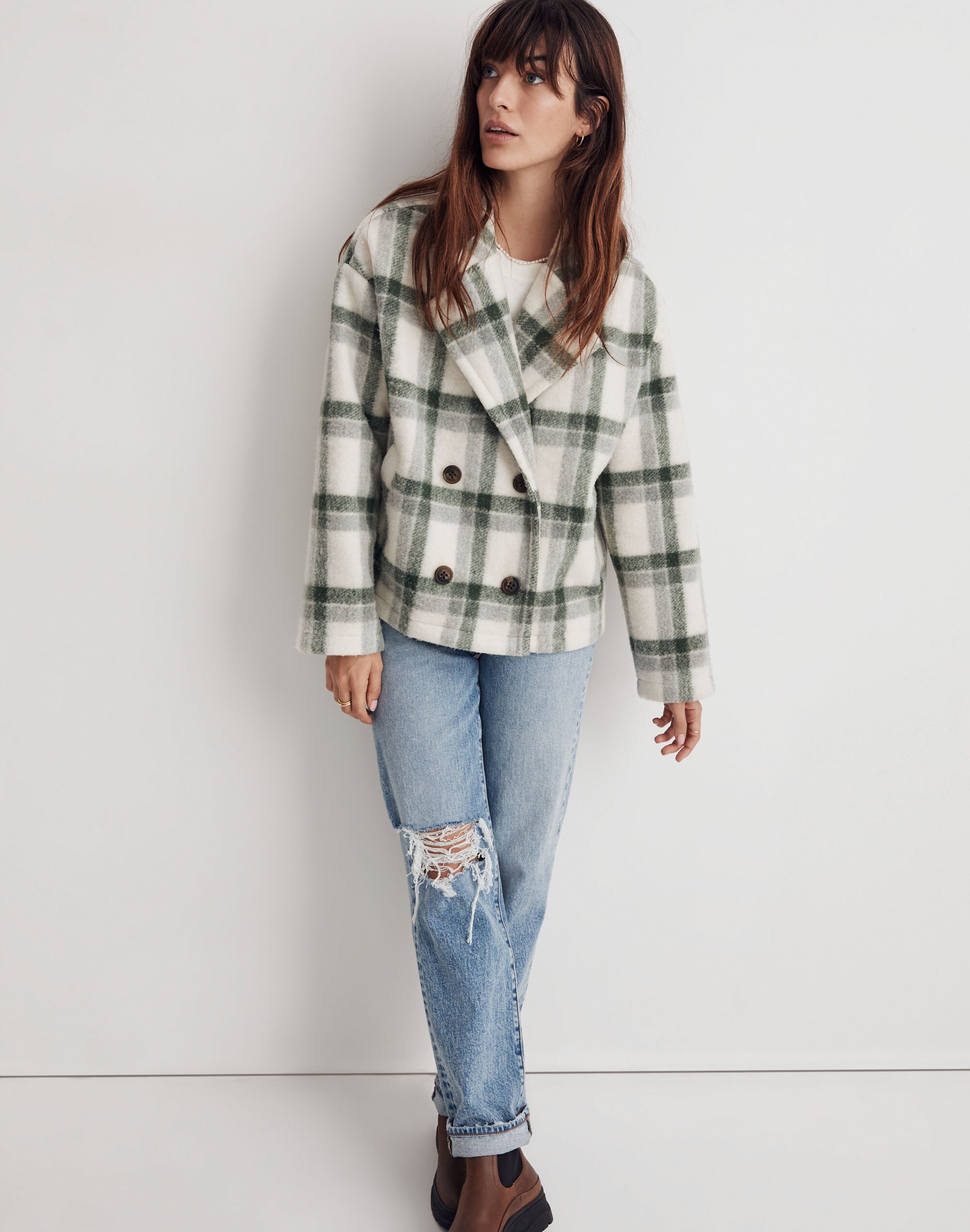 Jacquard Double-Breasted Crop Blazer Plaid