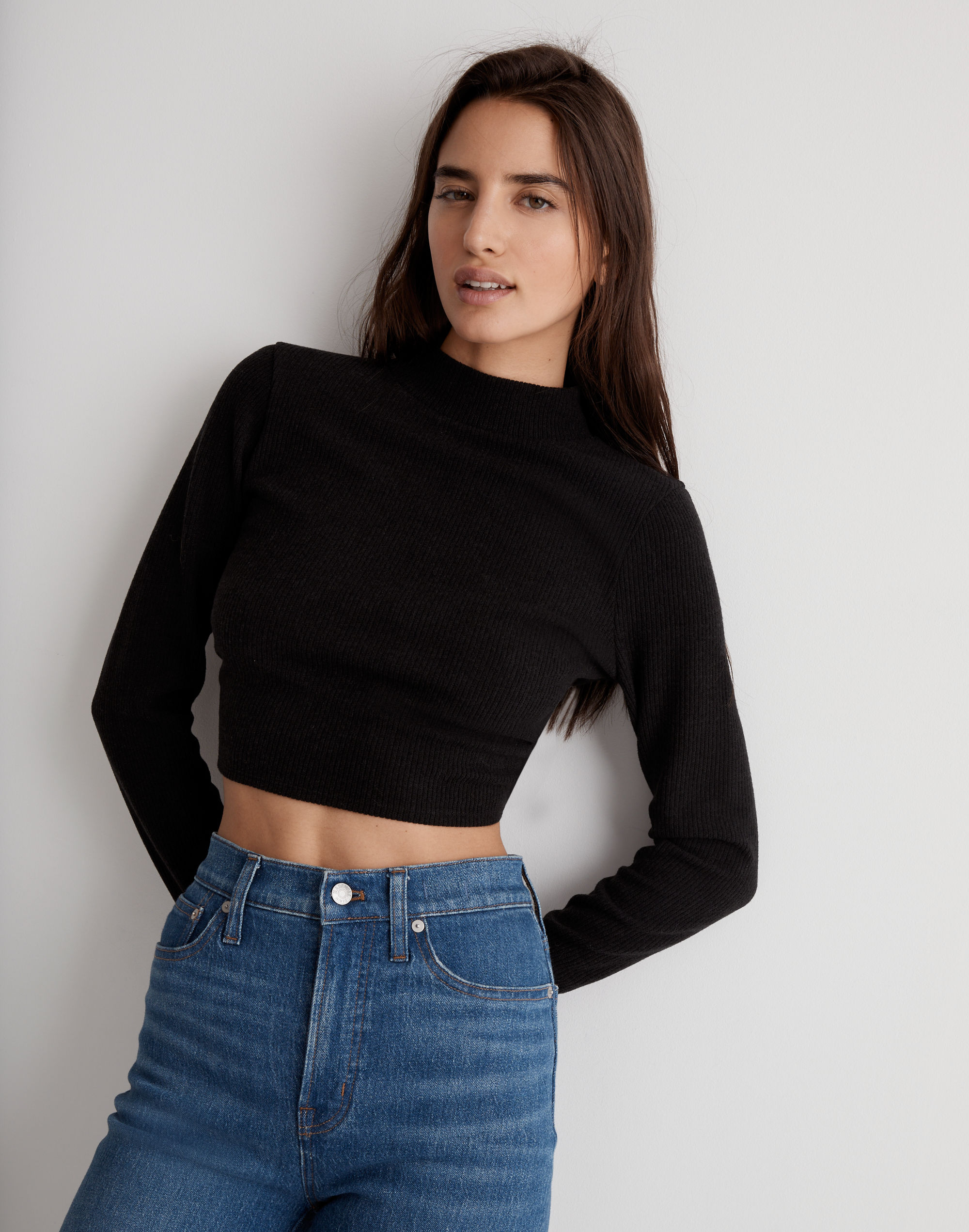 Ribbed Mockneck Open-Back Crop Top