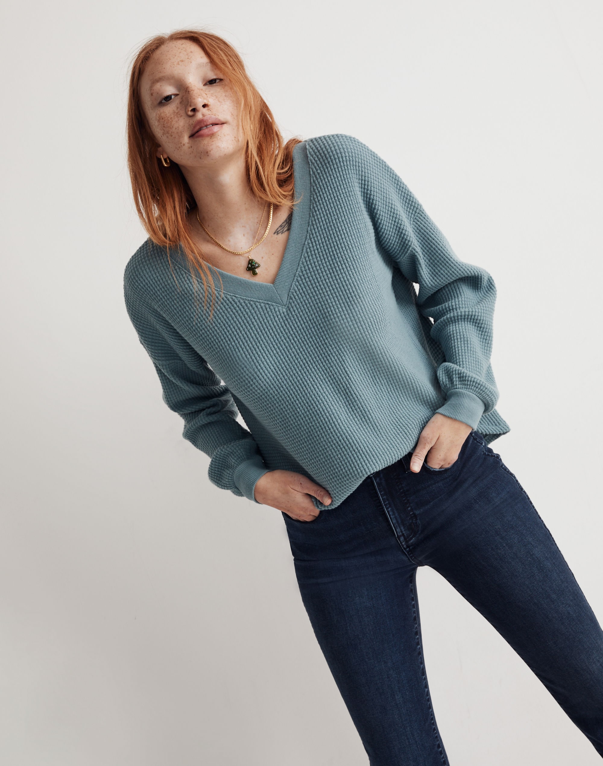 waffle knit v-neck long-sleeve sweater