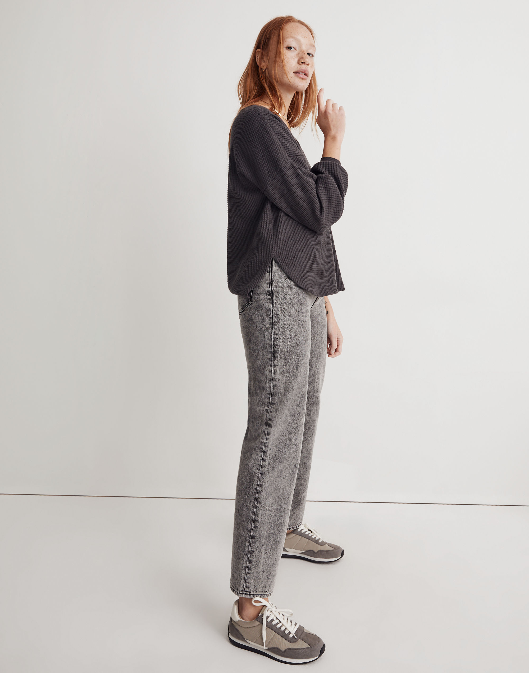 Waffle Knit V-Neck Long-Sleeve Sweater