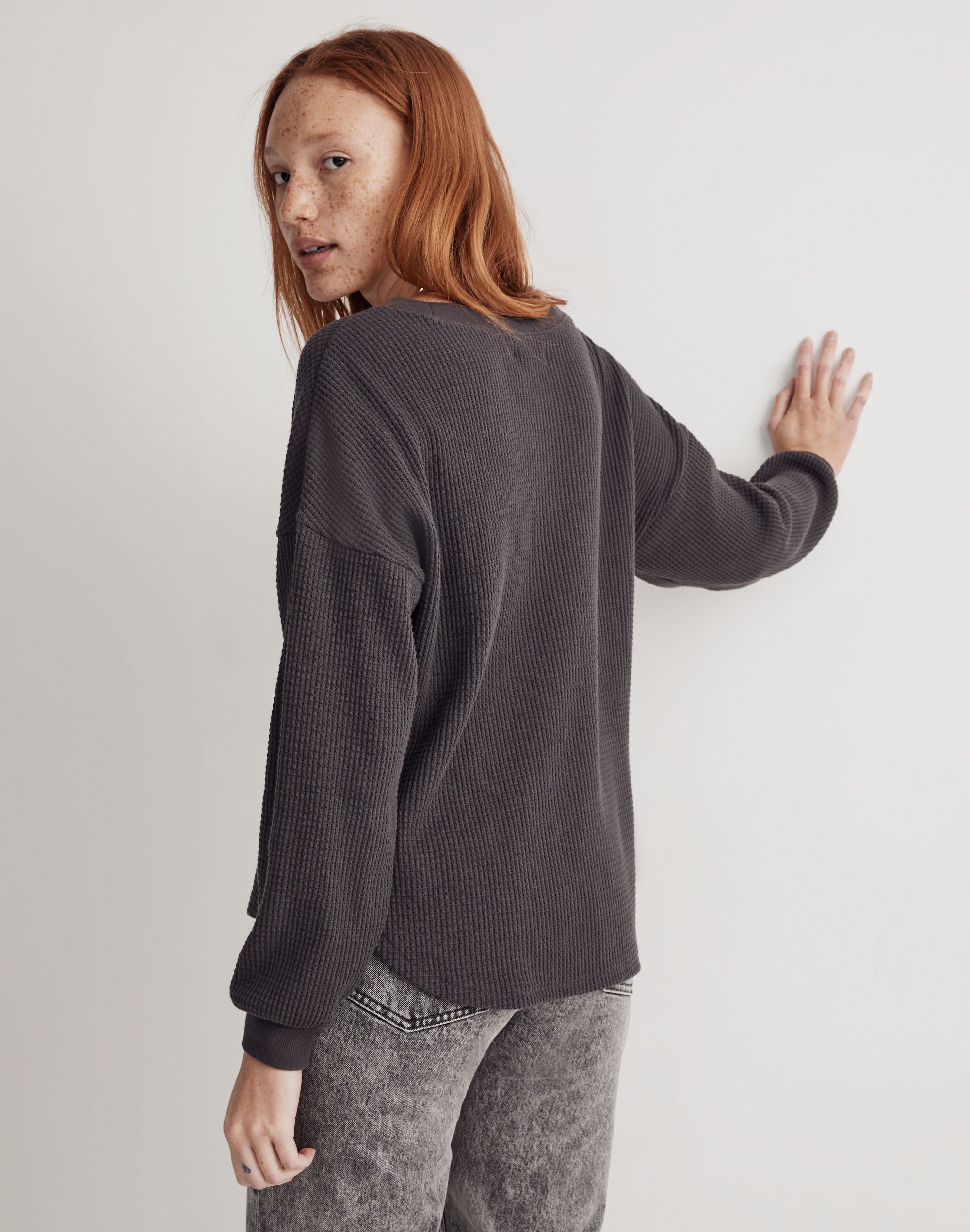 Waffle Knit V-Neck Long-Sleeve Sweater