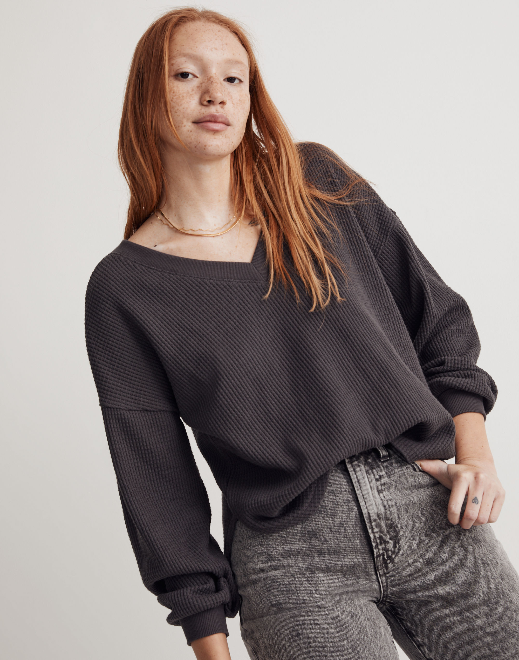 Waffle Knit V-Neck Long-Sleeve Sweater