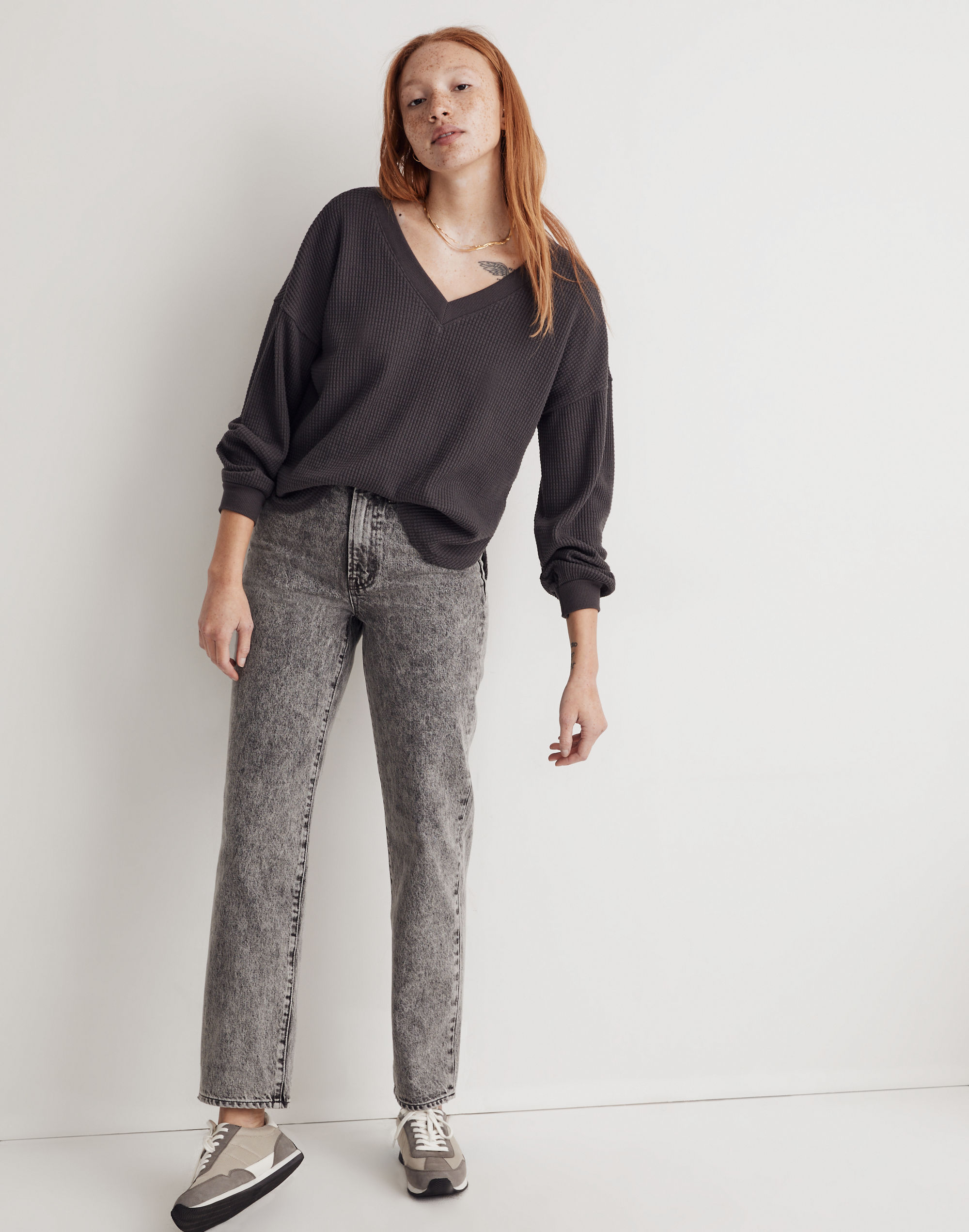 Waffle Knit V-Neck Long-Sleeve Sweater