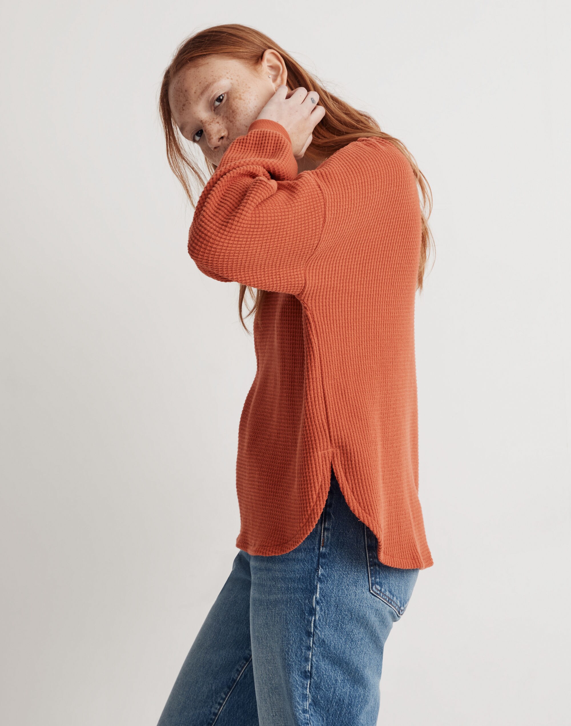 Waffle Knit V-Neck Long-Sleeve Sweater