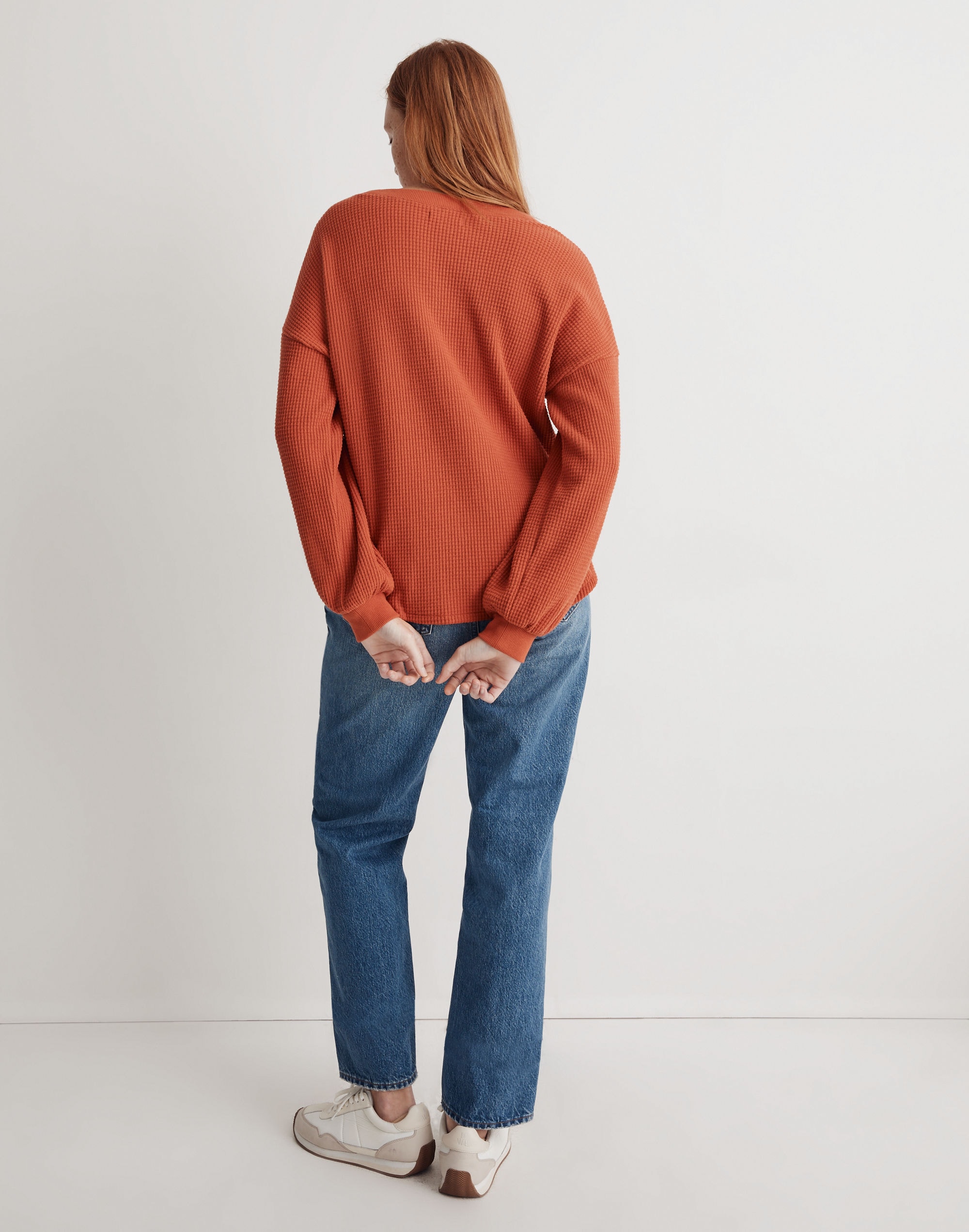 Waffle Knit V-Neck Long-Sleeve Sweater