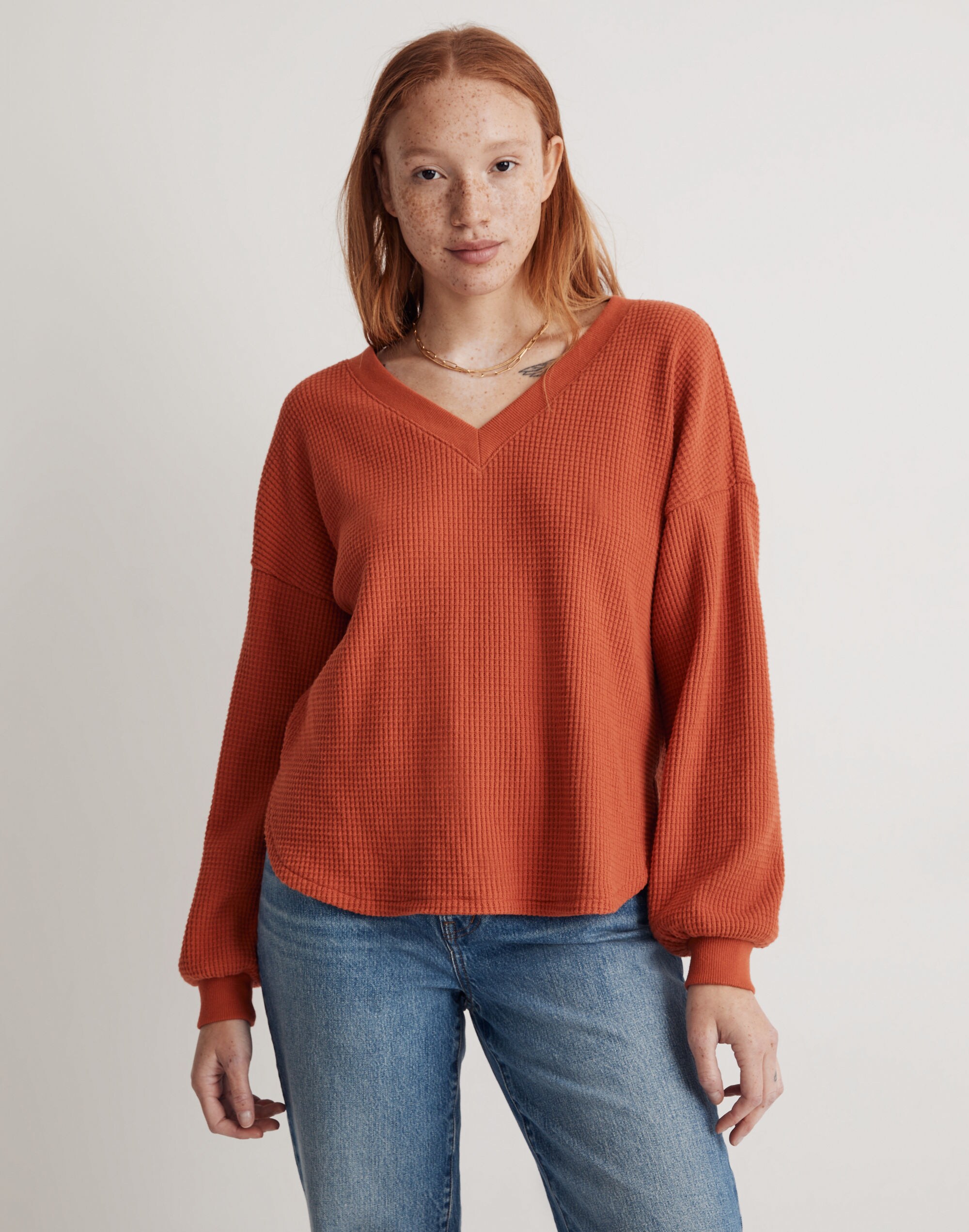 Waffle Knit V-Neck Long-Sleeve Sweater