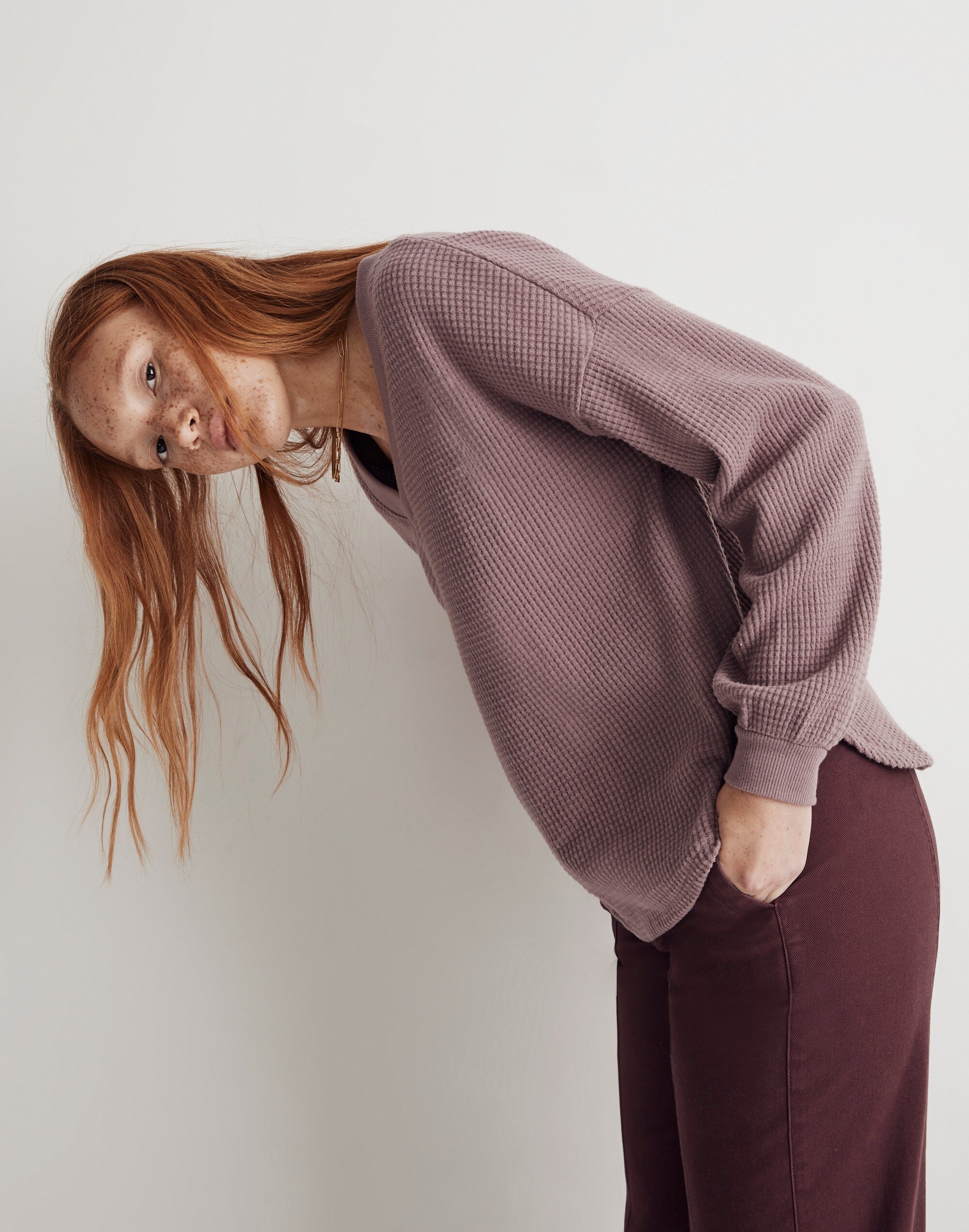 Waffle Knit V-Neck Long-Sleeve Sweater