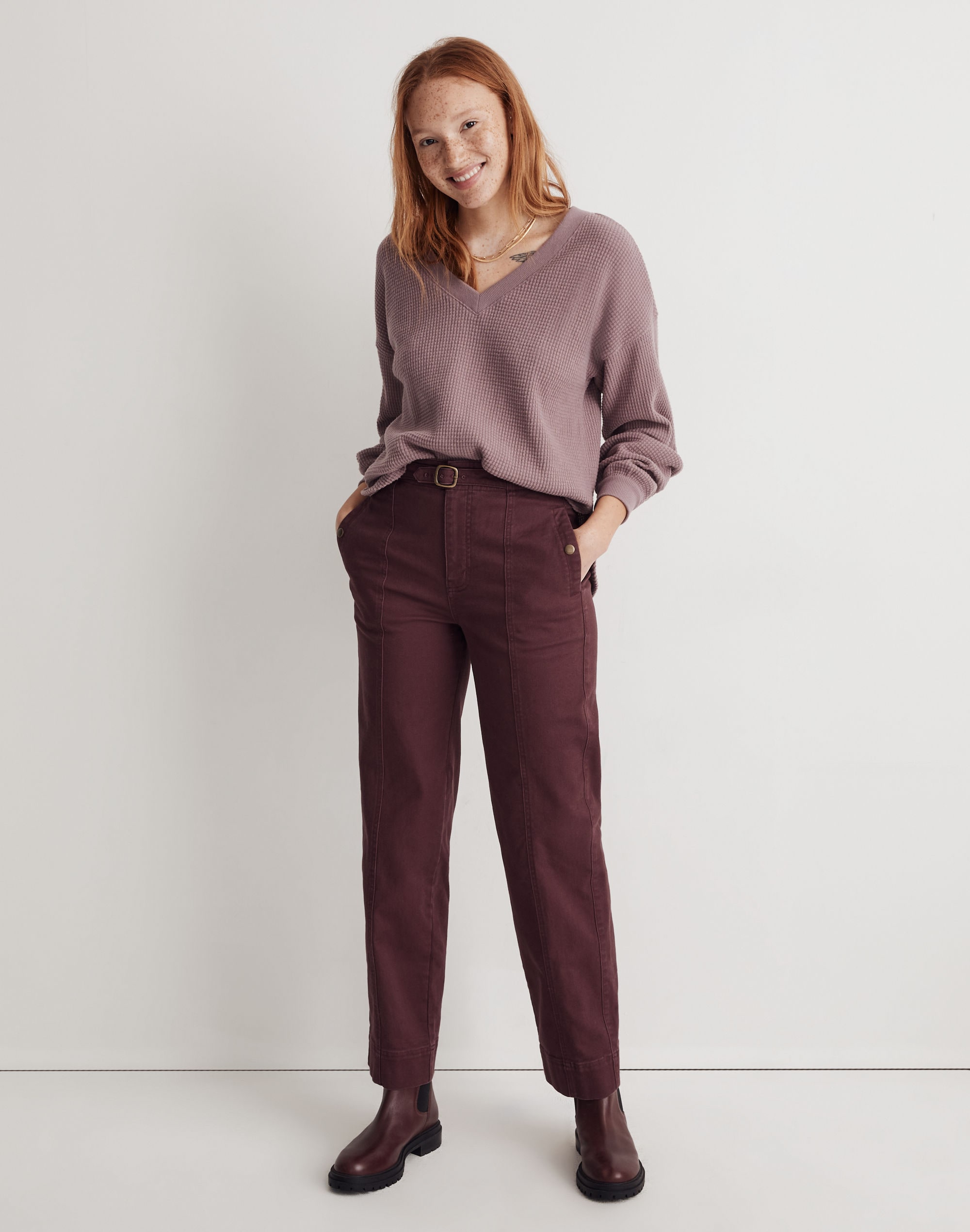 Waffle Knit V-Neck Long-Sleeve Sweater