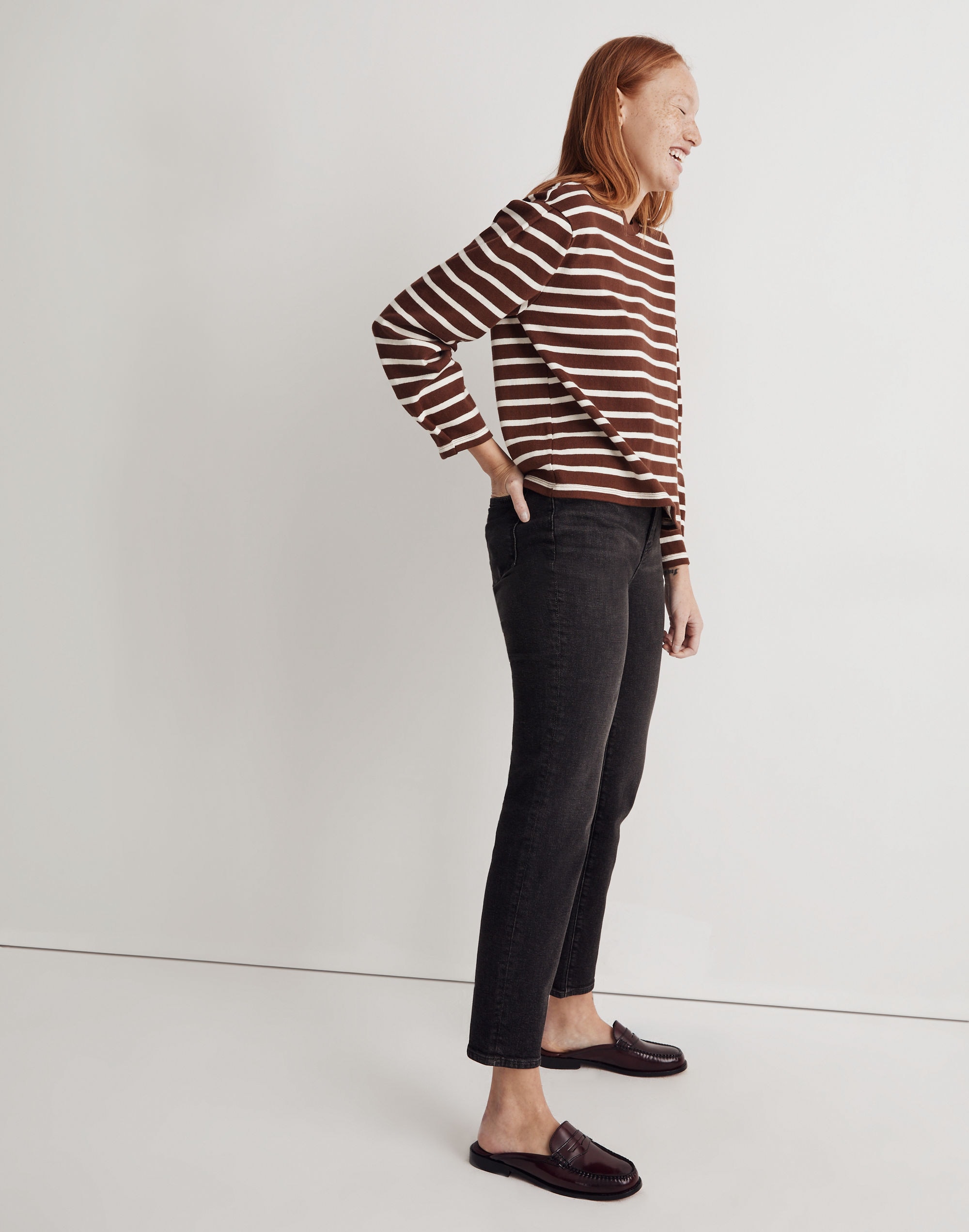 Pleated Long-Sleeve Tee in Stripe