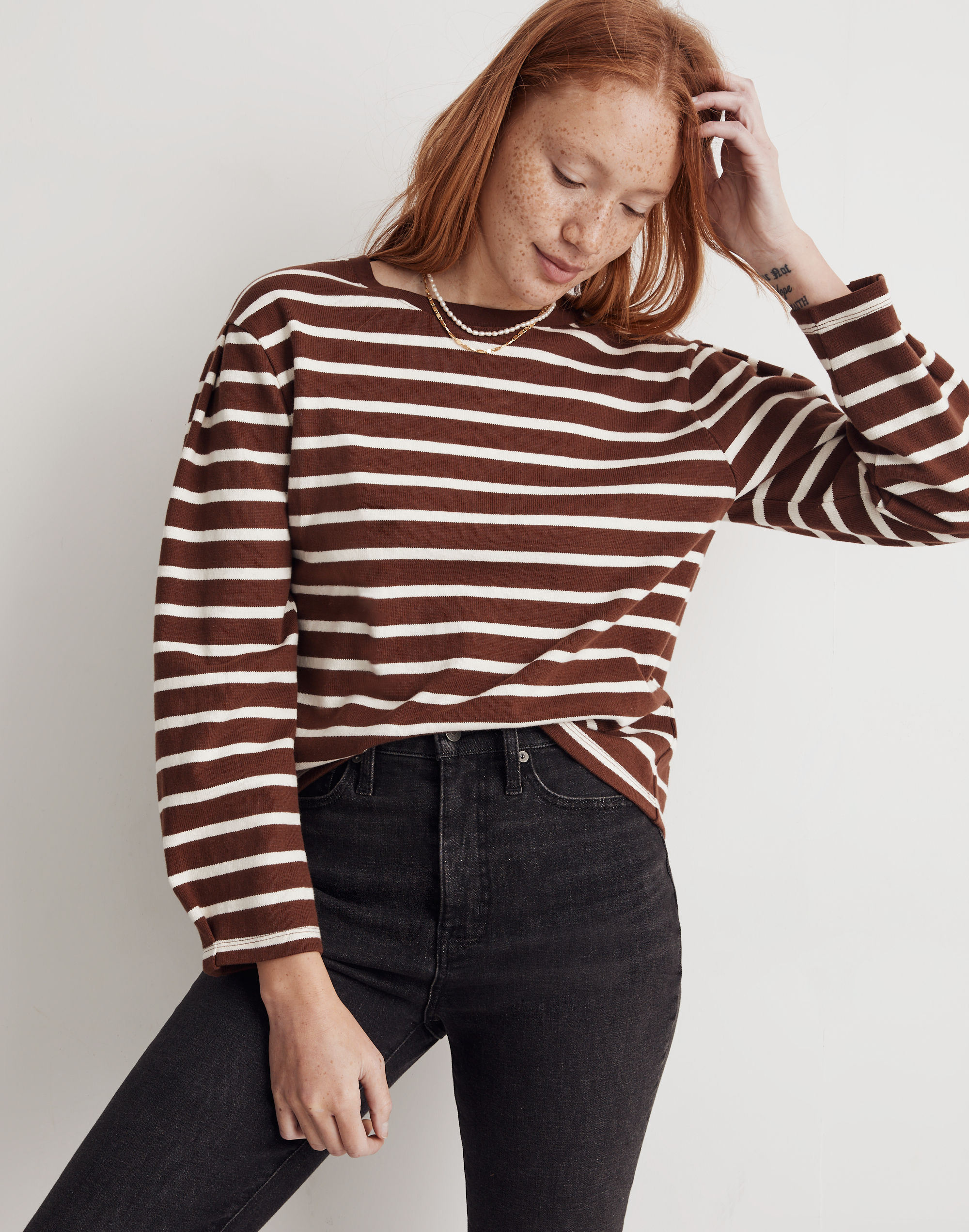 Pleated Long-Sleeve Tee in Stripe