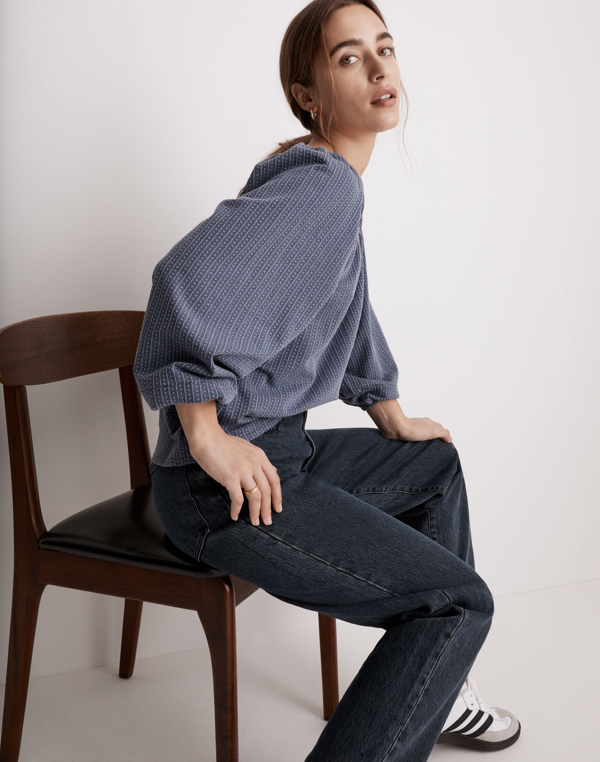 Jacquard Square-Neck Balloon-Sleeve Top