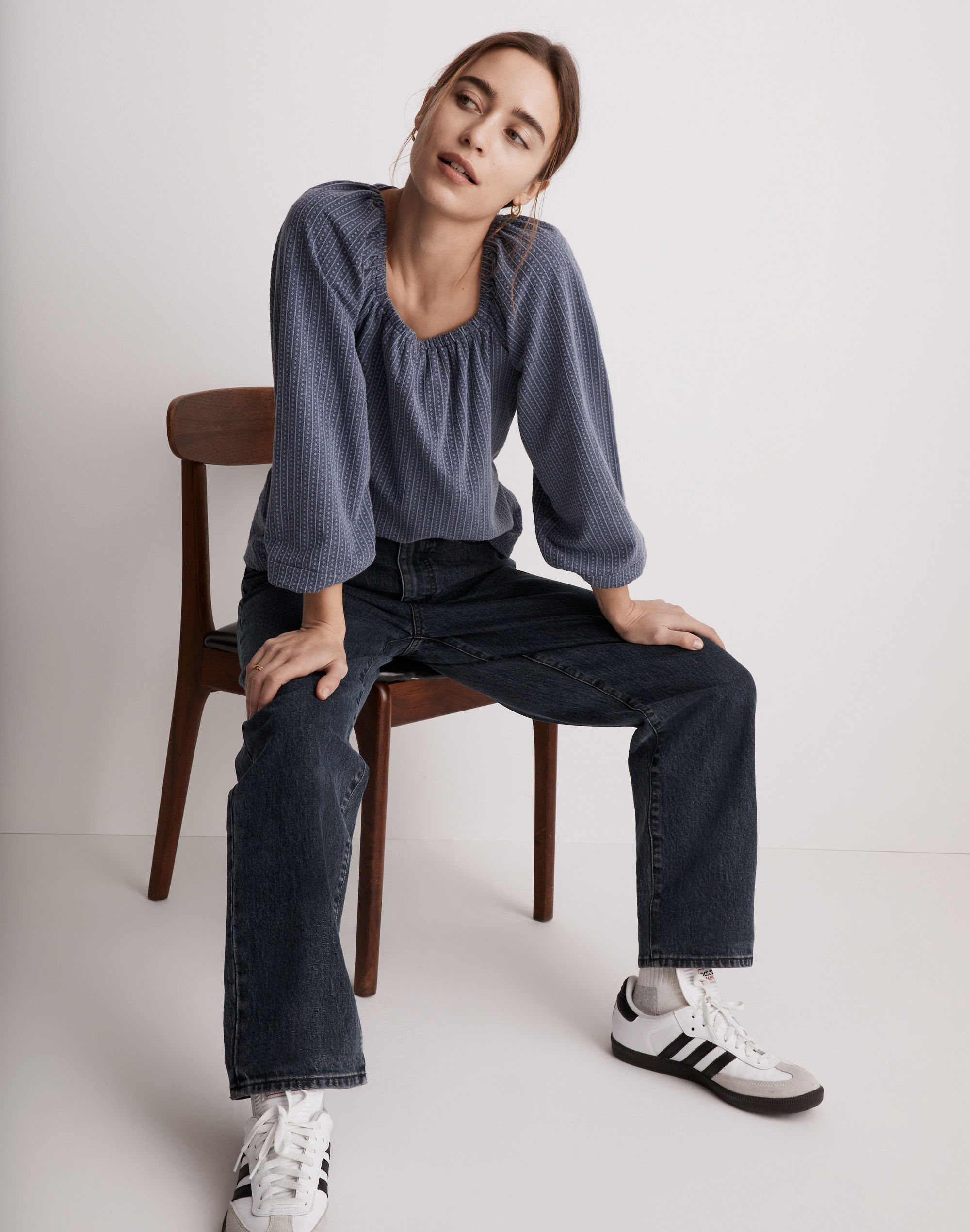 Jacquard Square-Neck Balloon-Sleeve Top