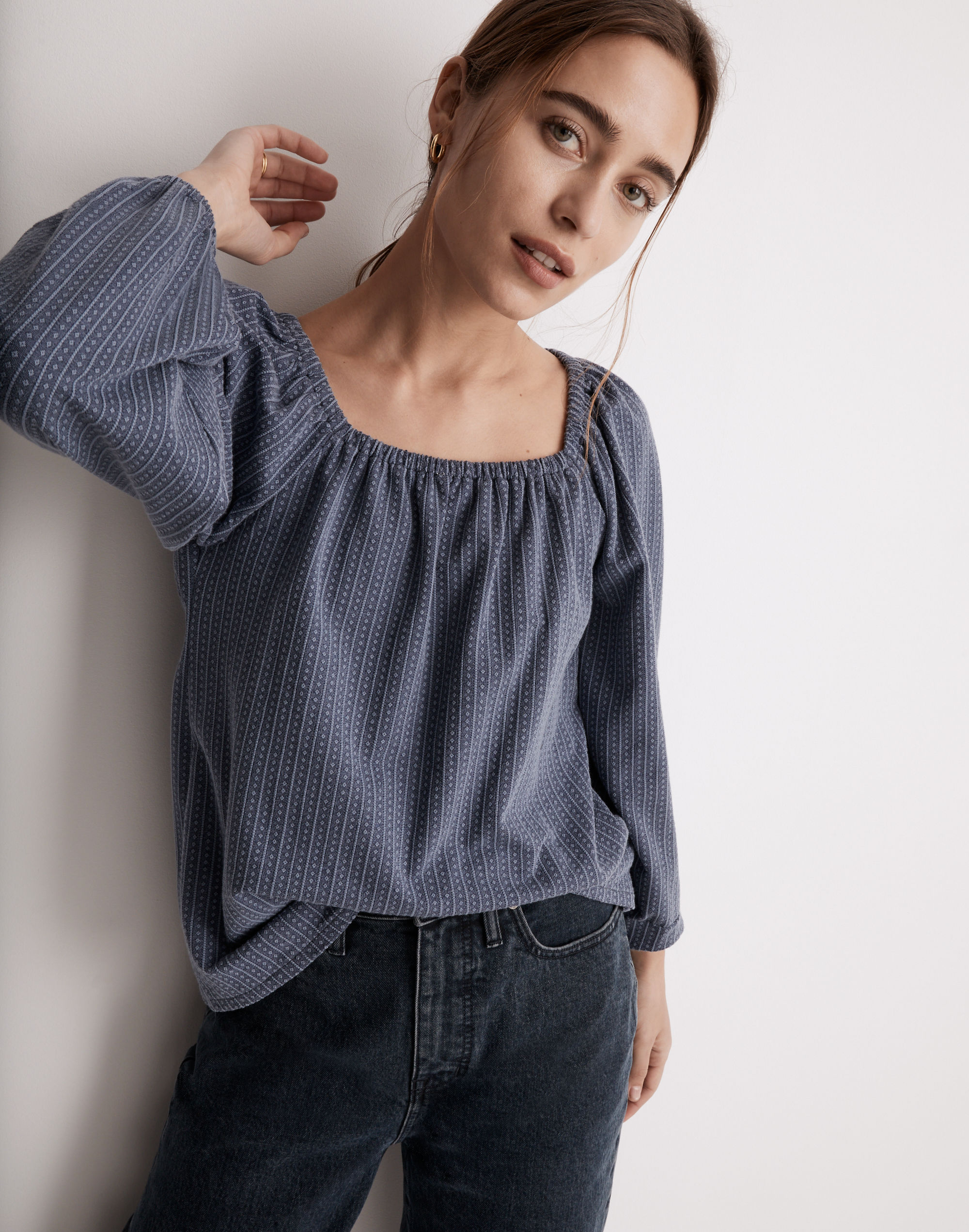 Jacquard Square-Neck Balloon-Sleeve Top