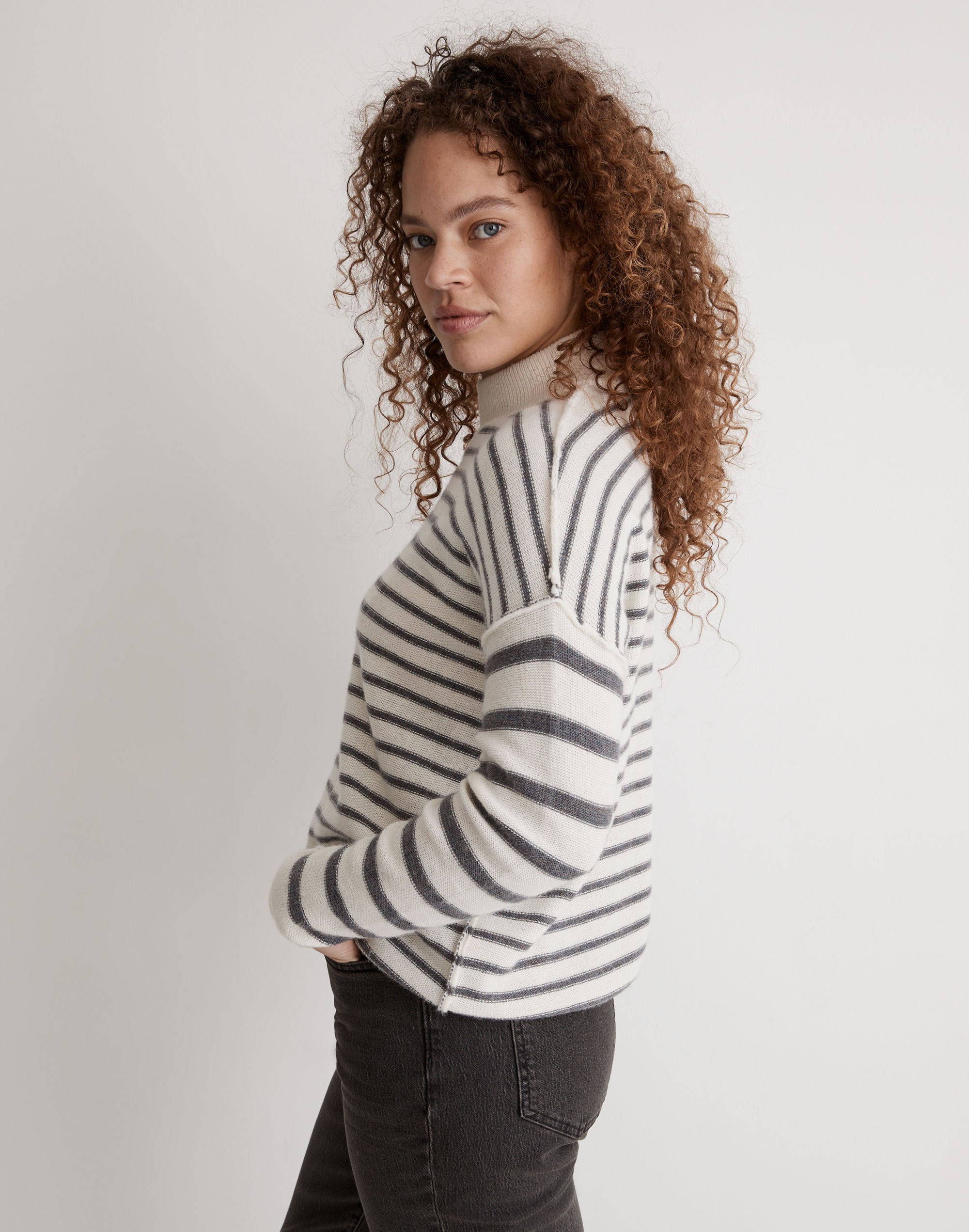 Stripe-Play Mockneck Pullover Sweater