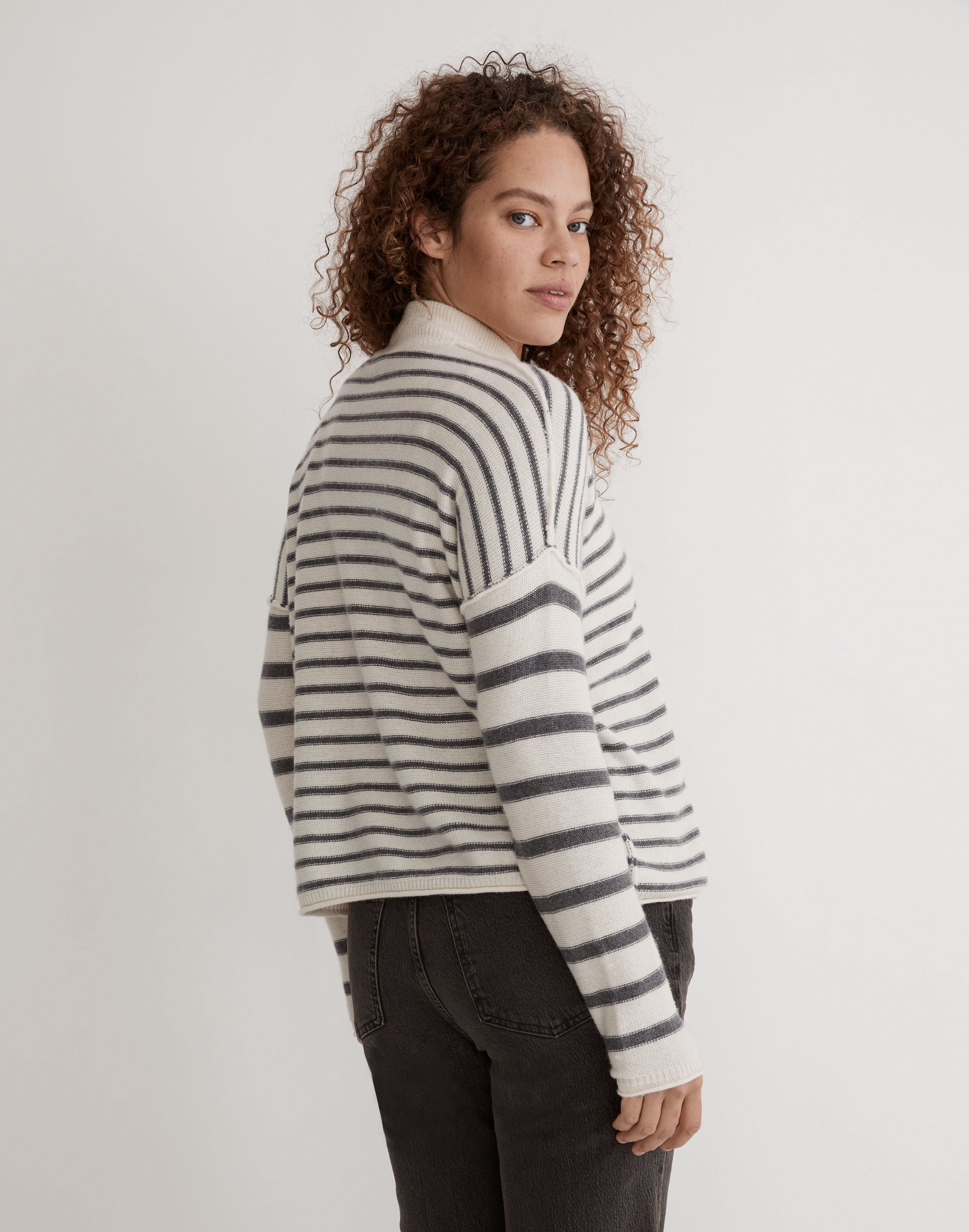 Stripe-Play Mockneck Pullover Sweater