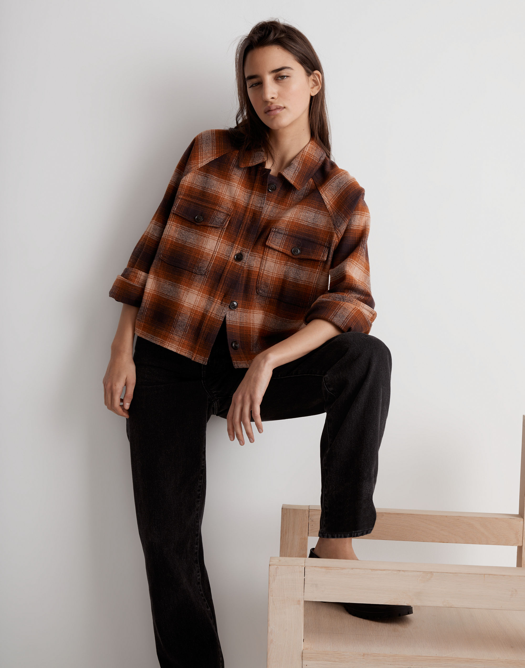 Flannel Crop Shirt-Jacket in Plaid