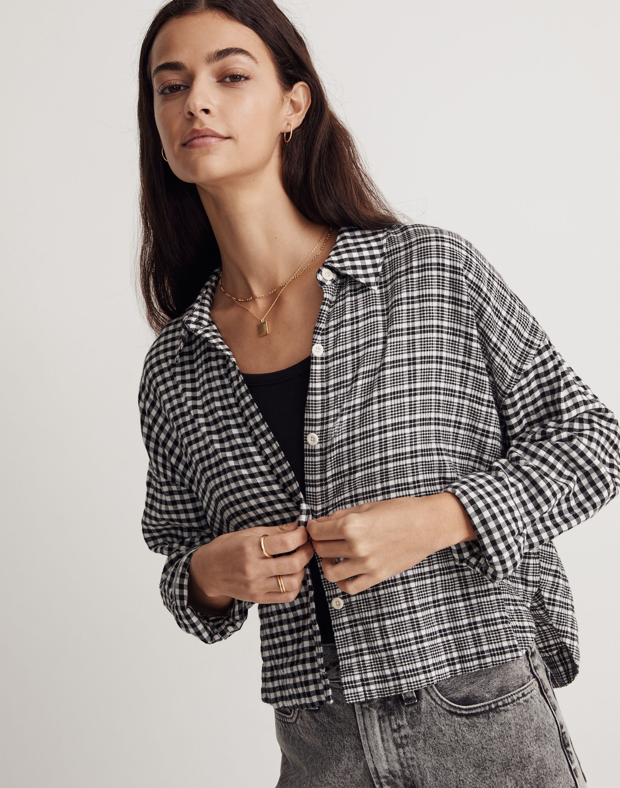 long-sleeve crop shirt in plaid