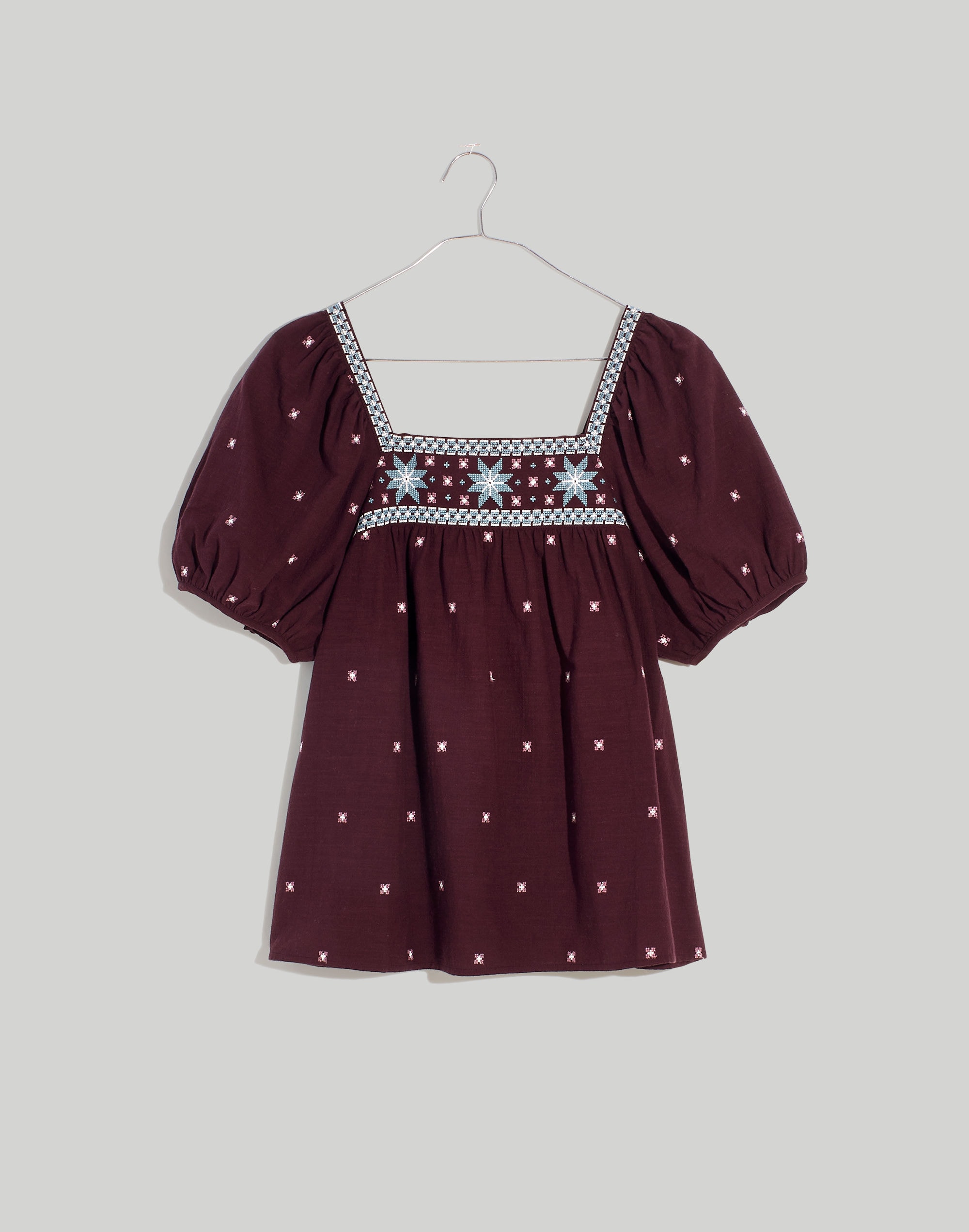 Embroidered Crinkle Cotton Bubble-Sleeve Top