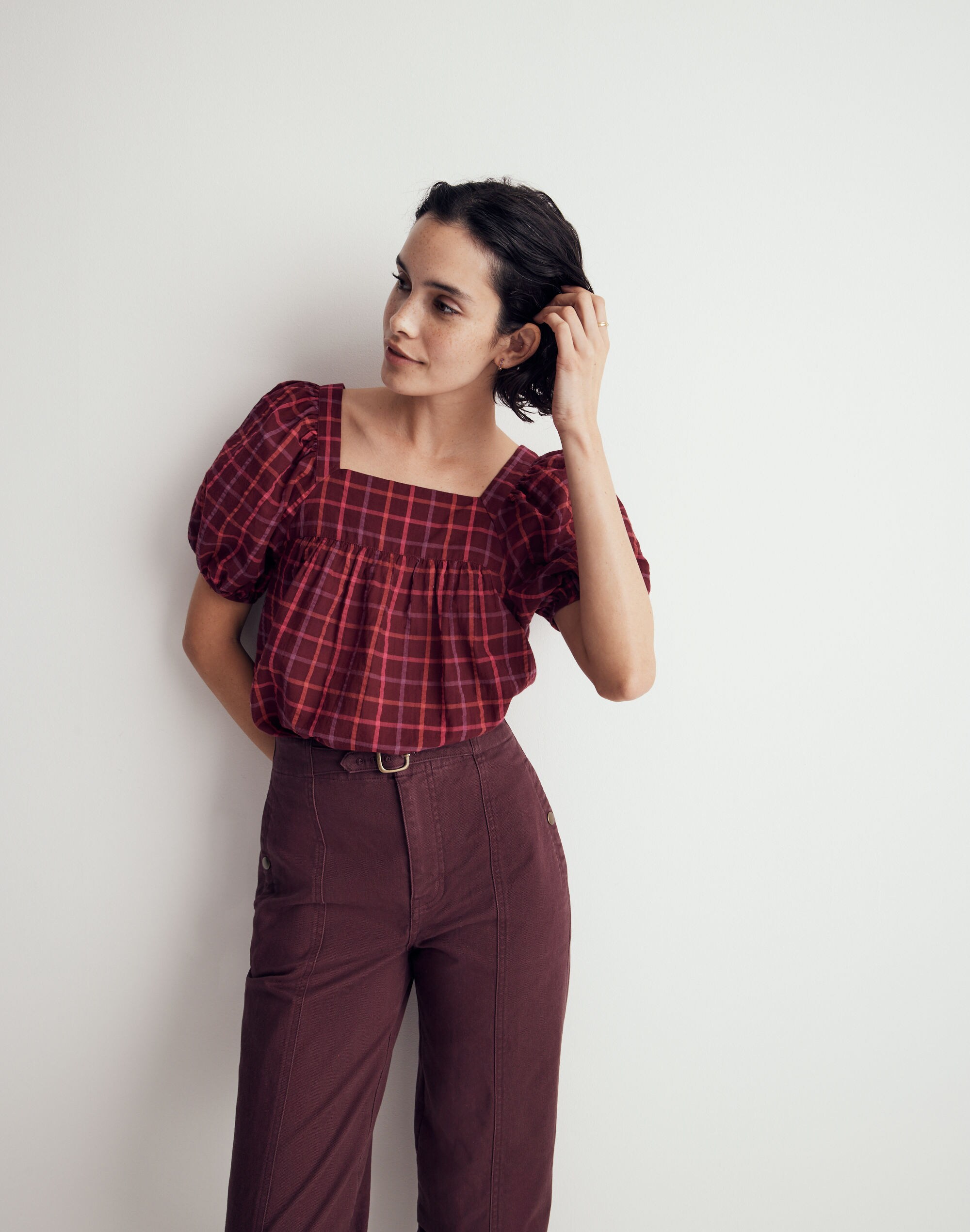 seersucker bubble-sleeve top