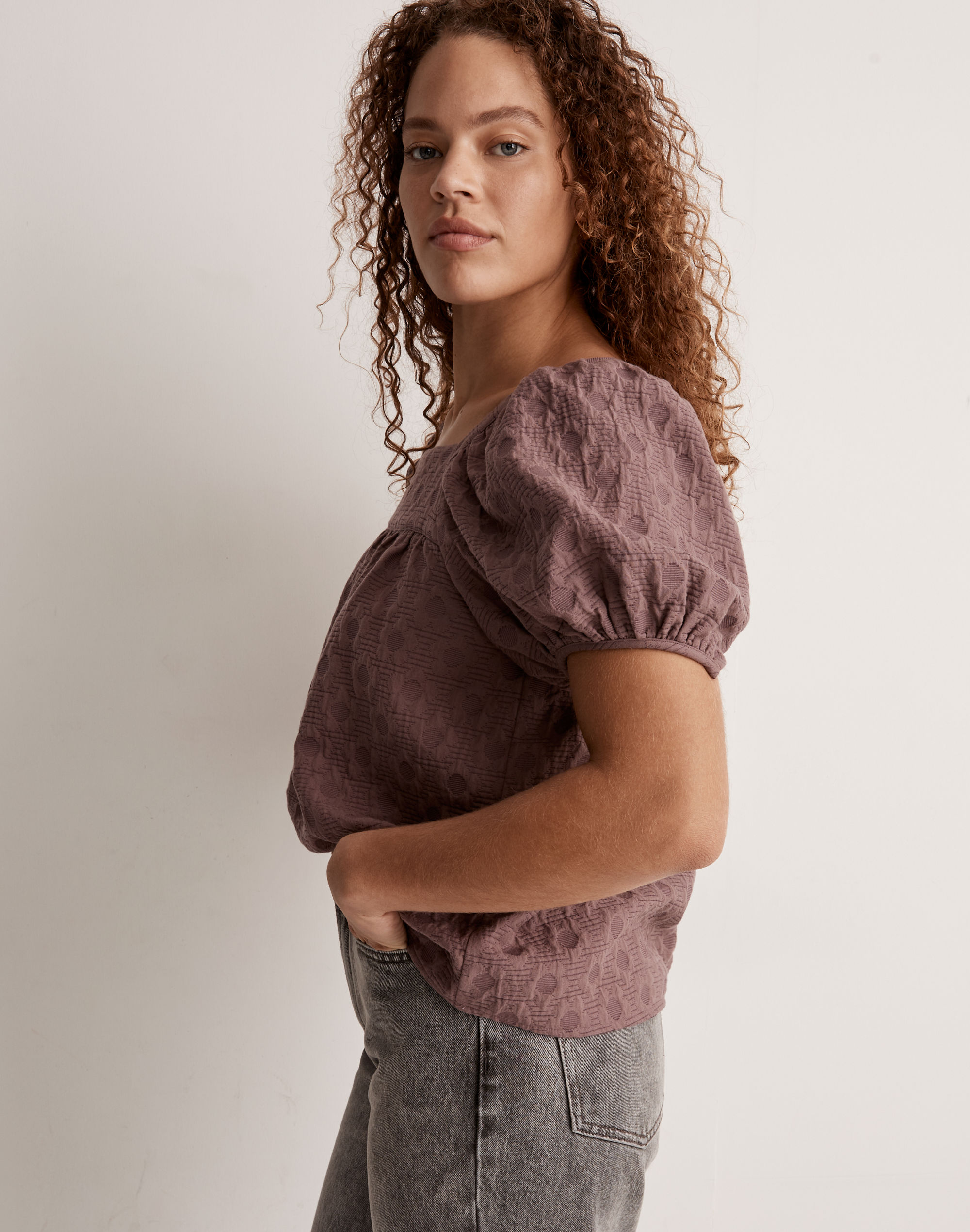 Floral Jacquard Bubble-Sleeve Top