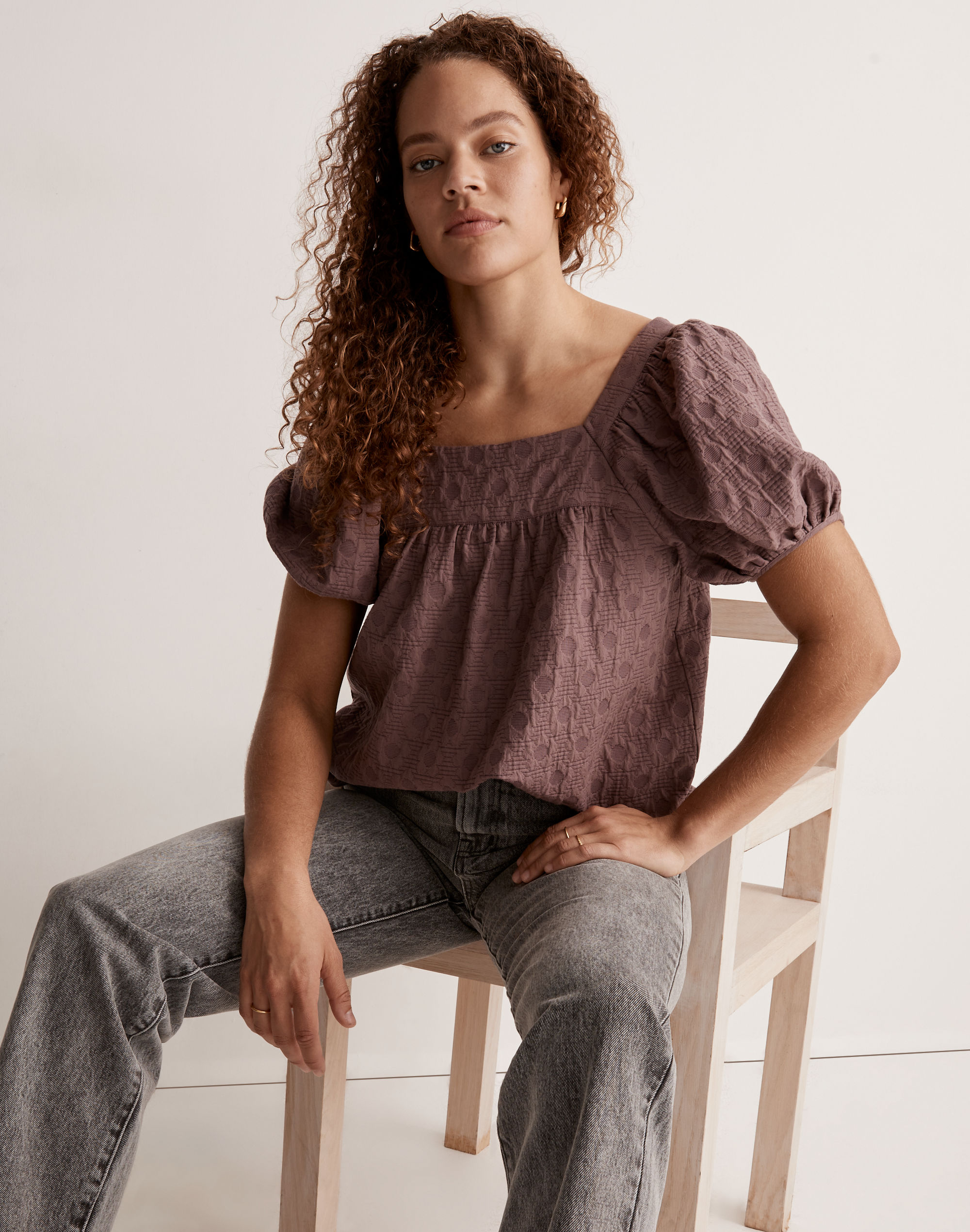 Floral Jacquard Bubble-Sleeve Top