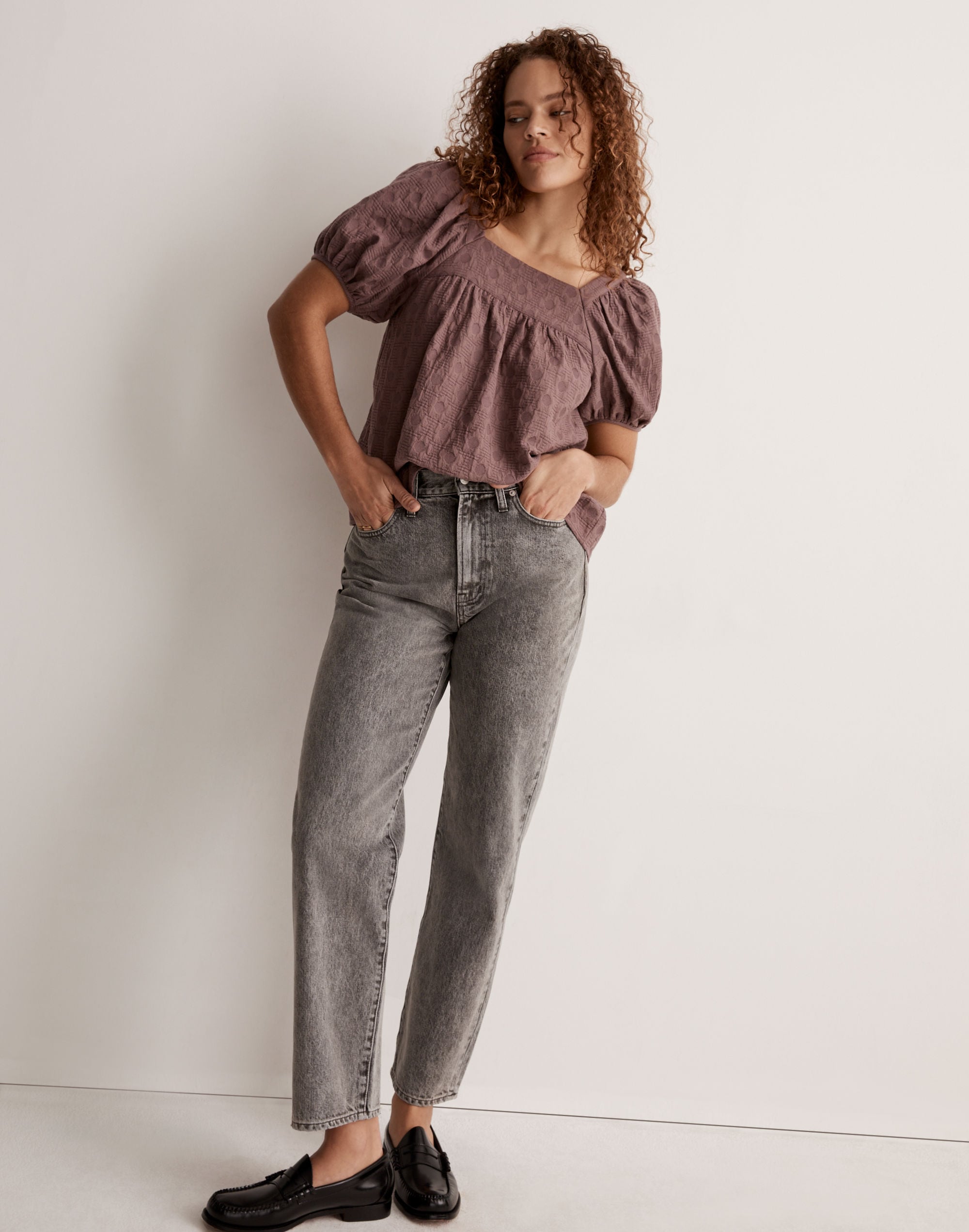 Floral Jacquard Bubble-Sleeve Top