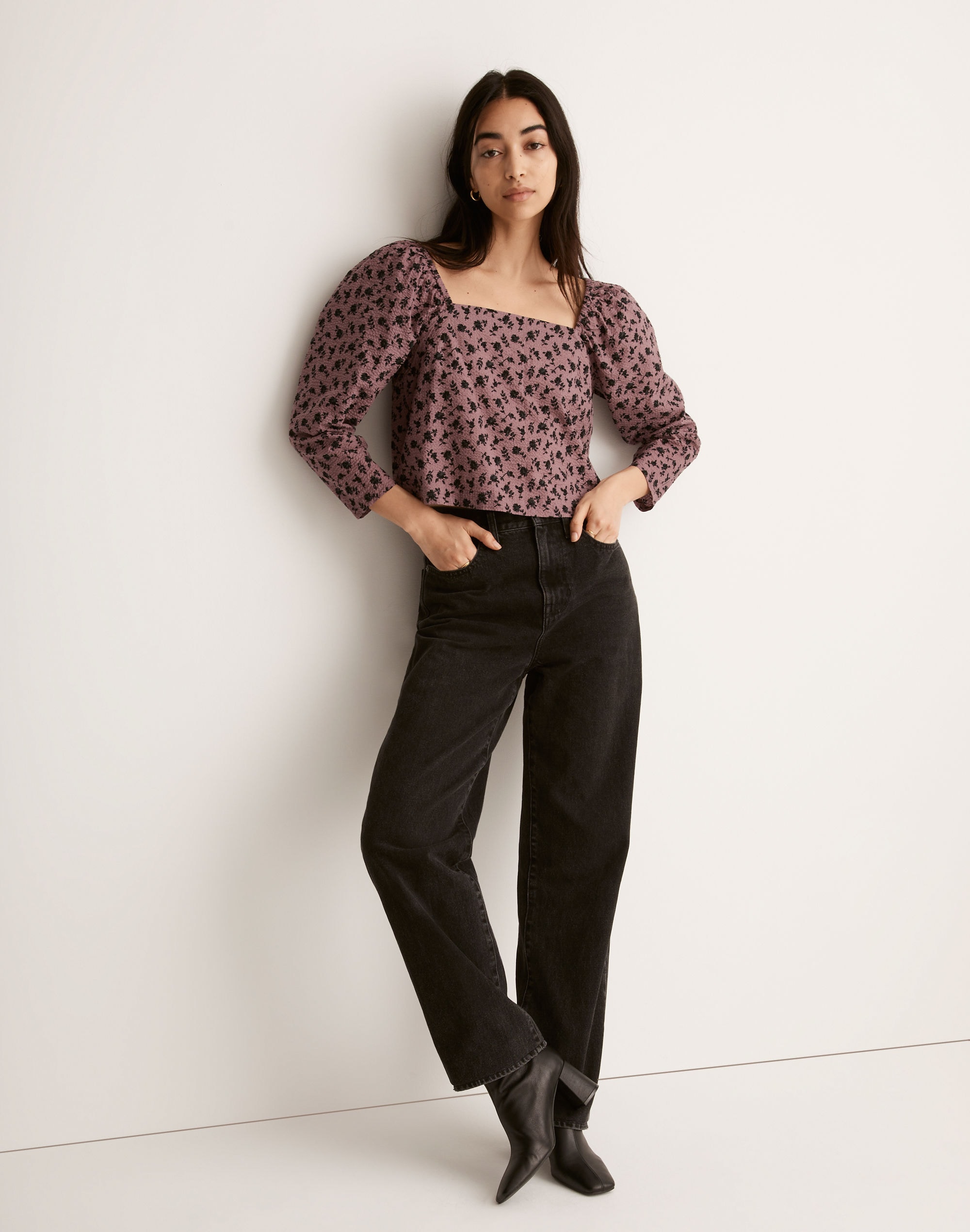 Seersucker Square-Neck Top in Floral