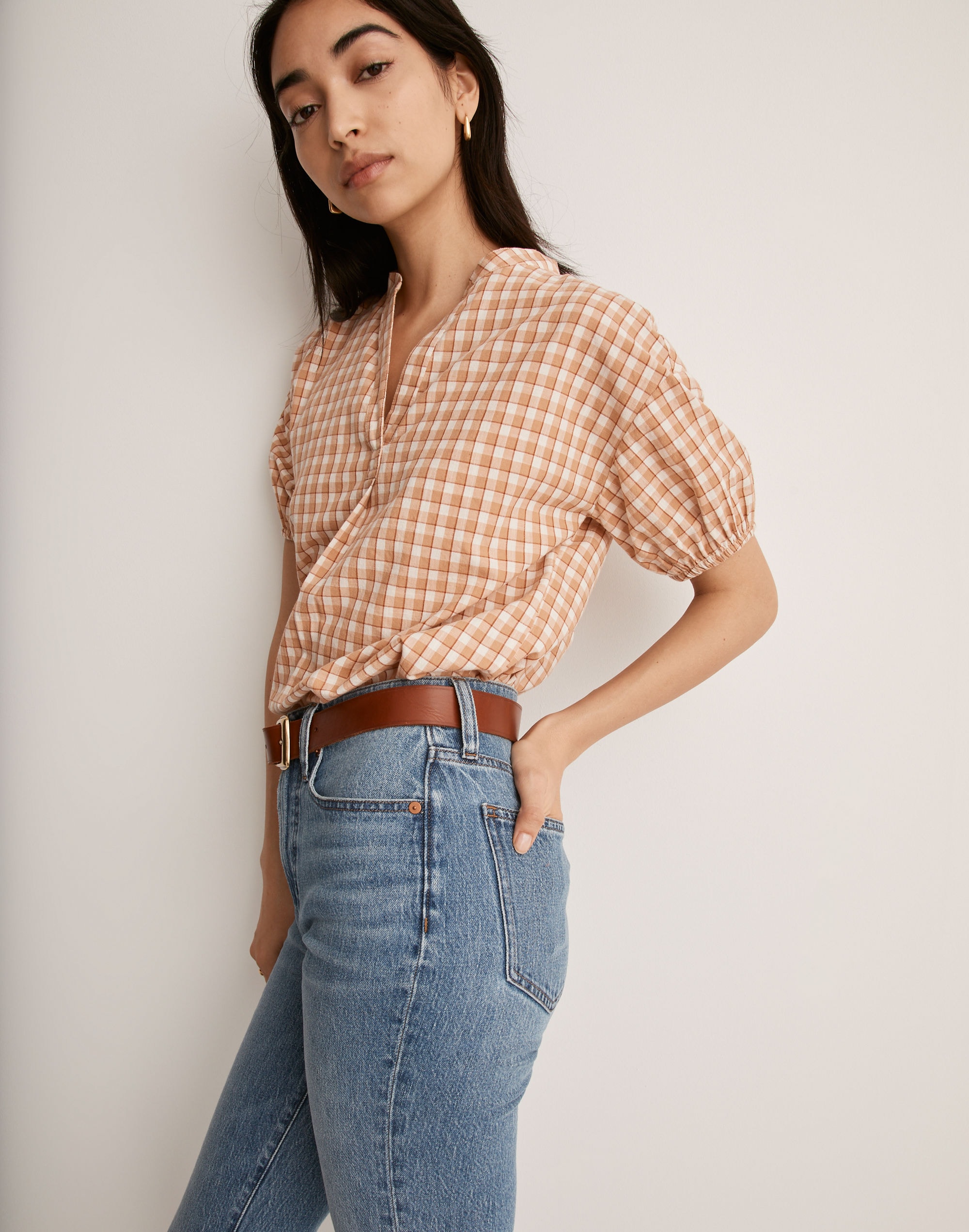 Crinkle Cotton Bubble-Sleeve Popover Shirt in Check