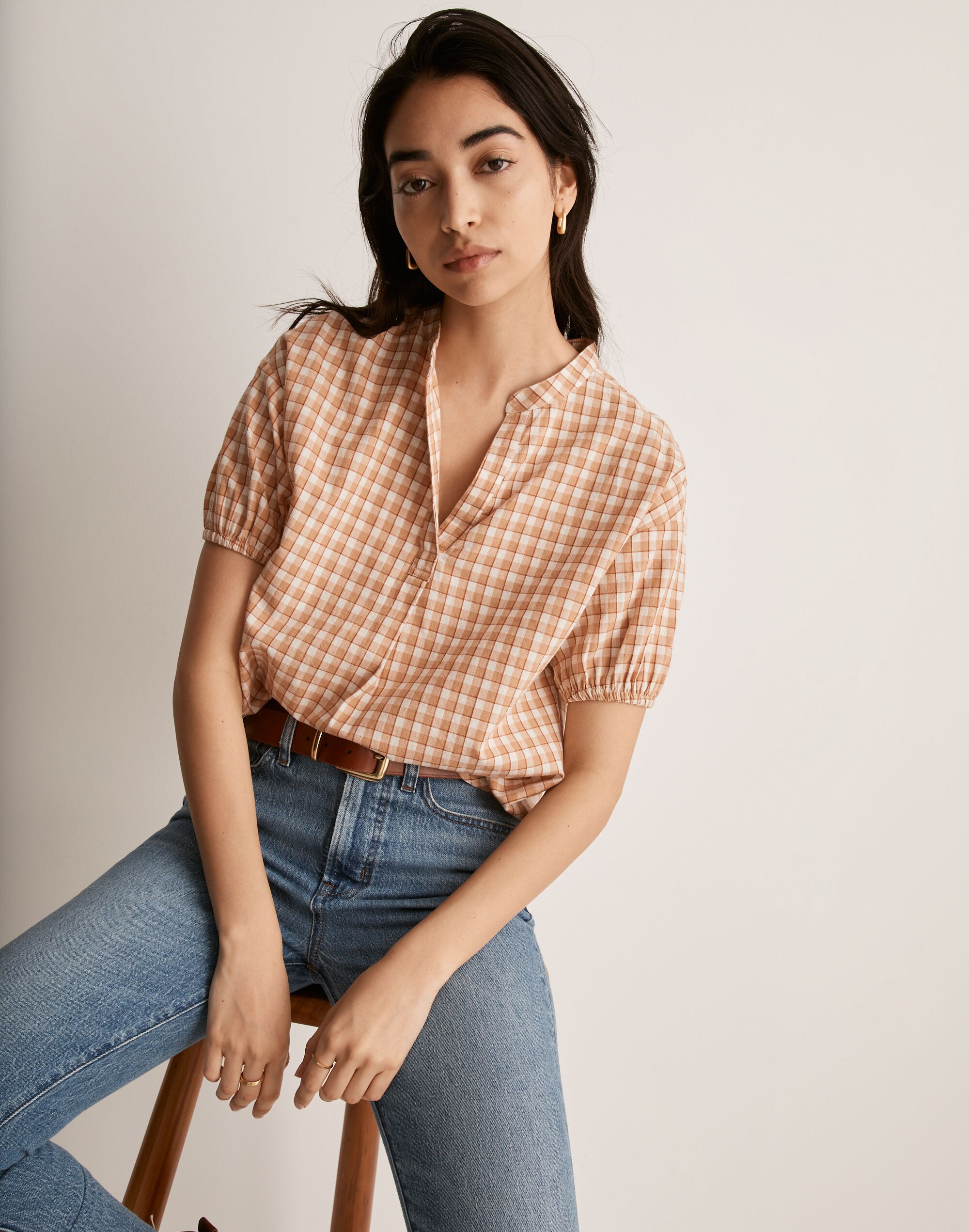 Crinkle Cotton Bubble-Sleeve Popover Shirt in Check