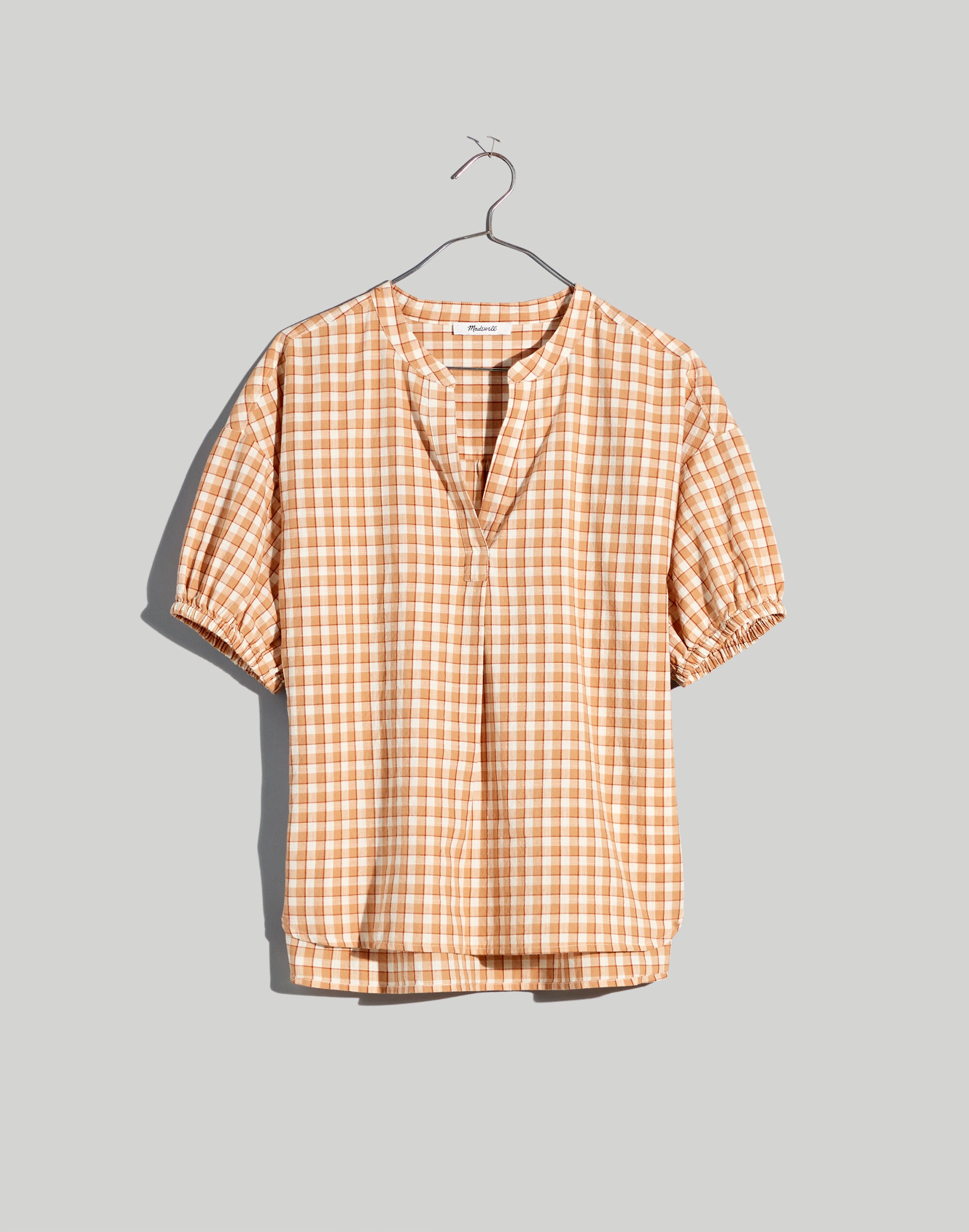 Crinkle Cotton Bubble-Sleeve Popover Shirt in Check