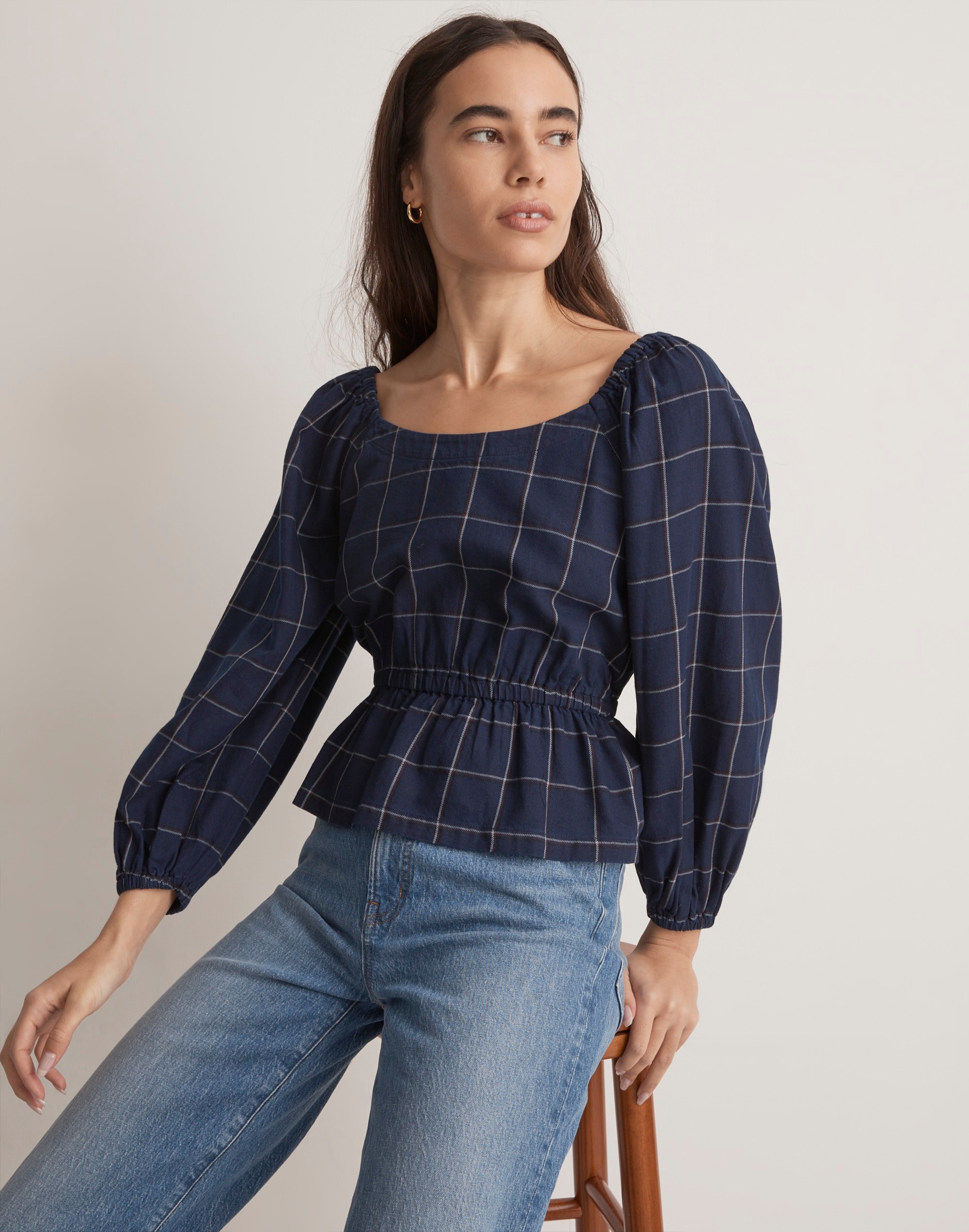 Scoopneck Peplum Top in Windowpane