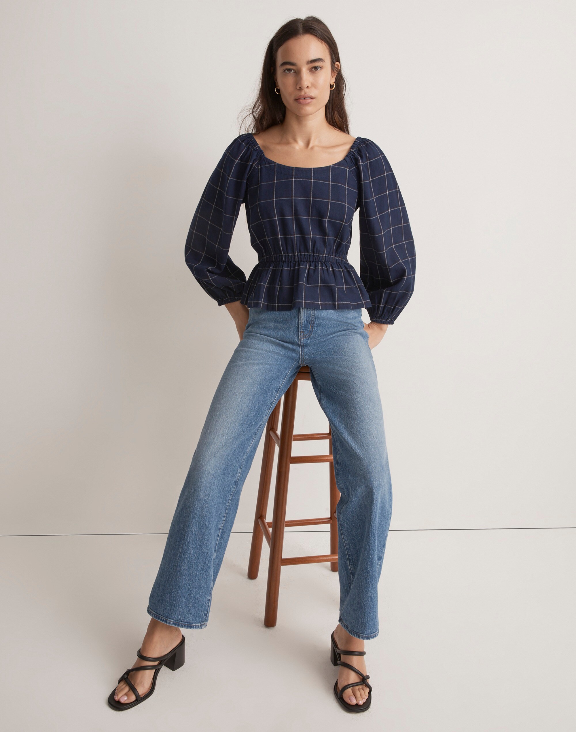 Scoopneck Peplum Top in Windowpane