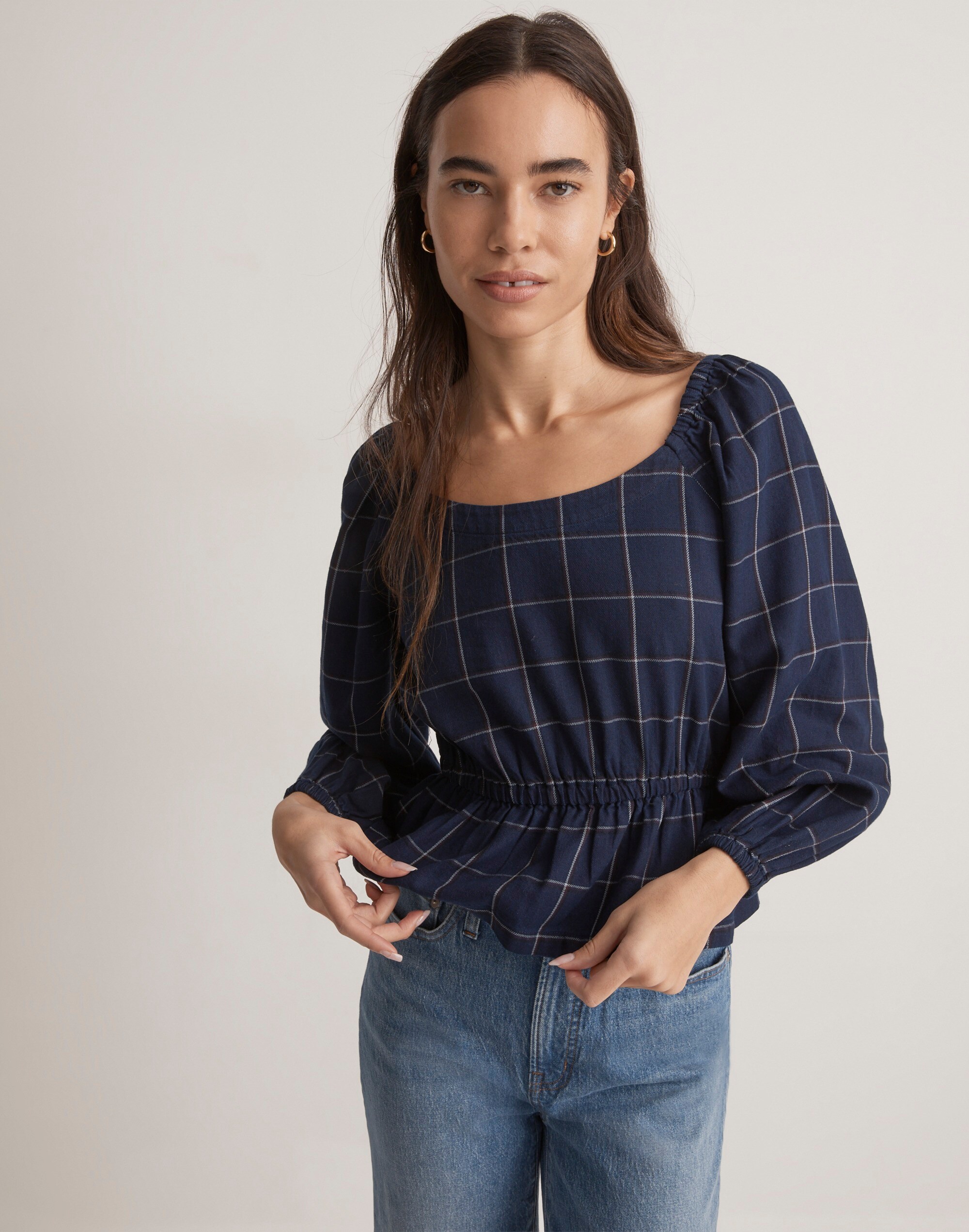 Scoopneck Peplum Top in Windowpane