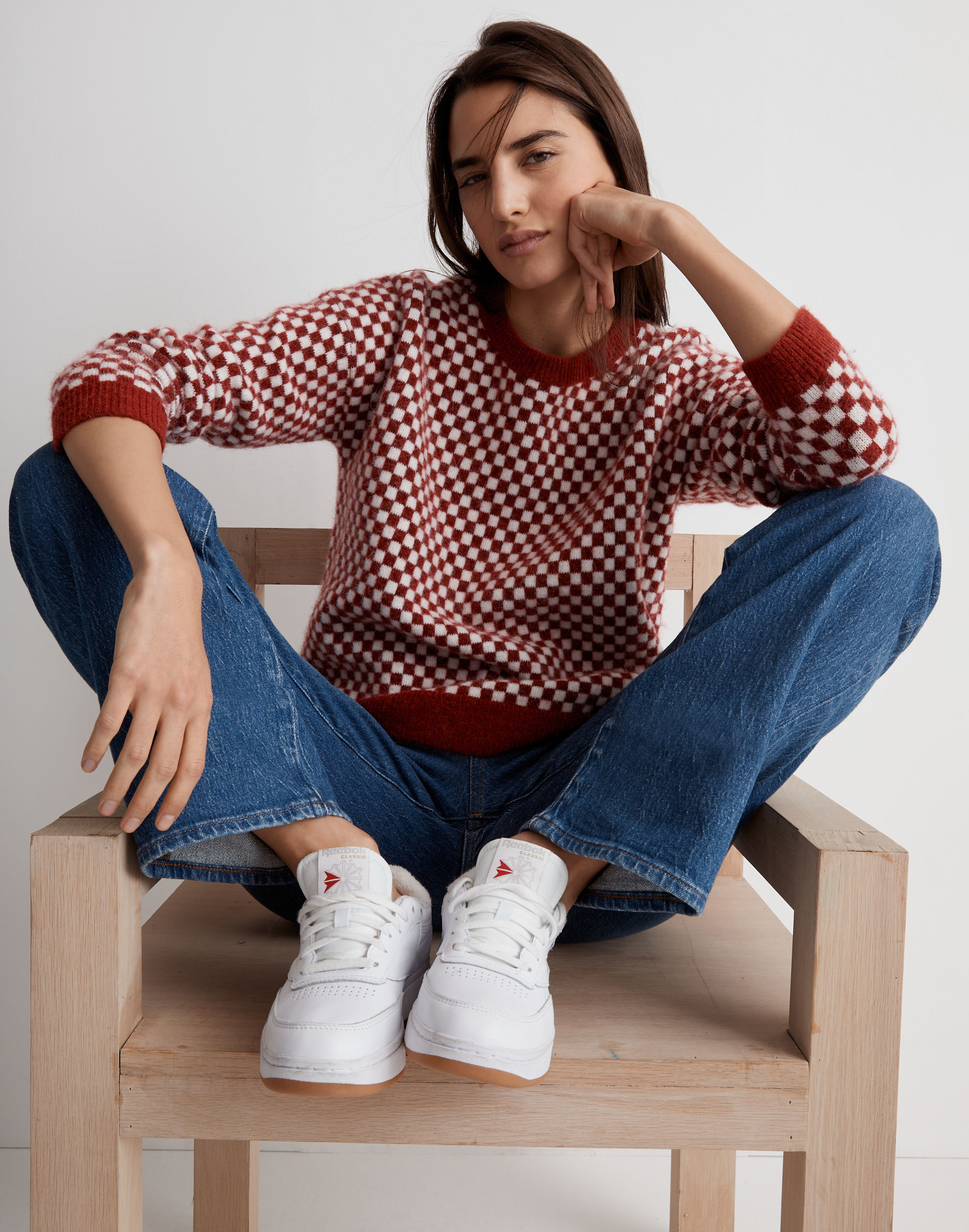 checkerboard jacquard pullover sweater