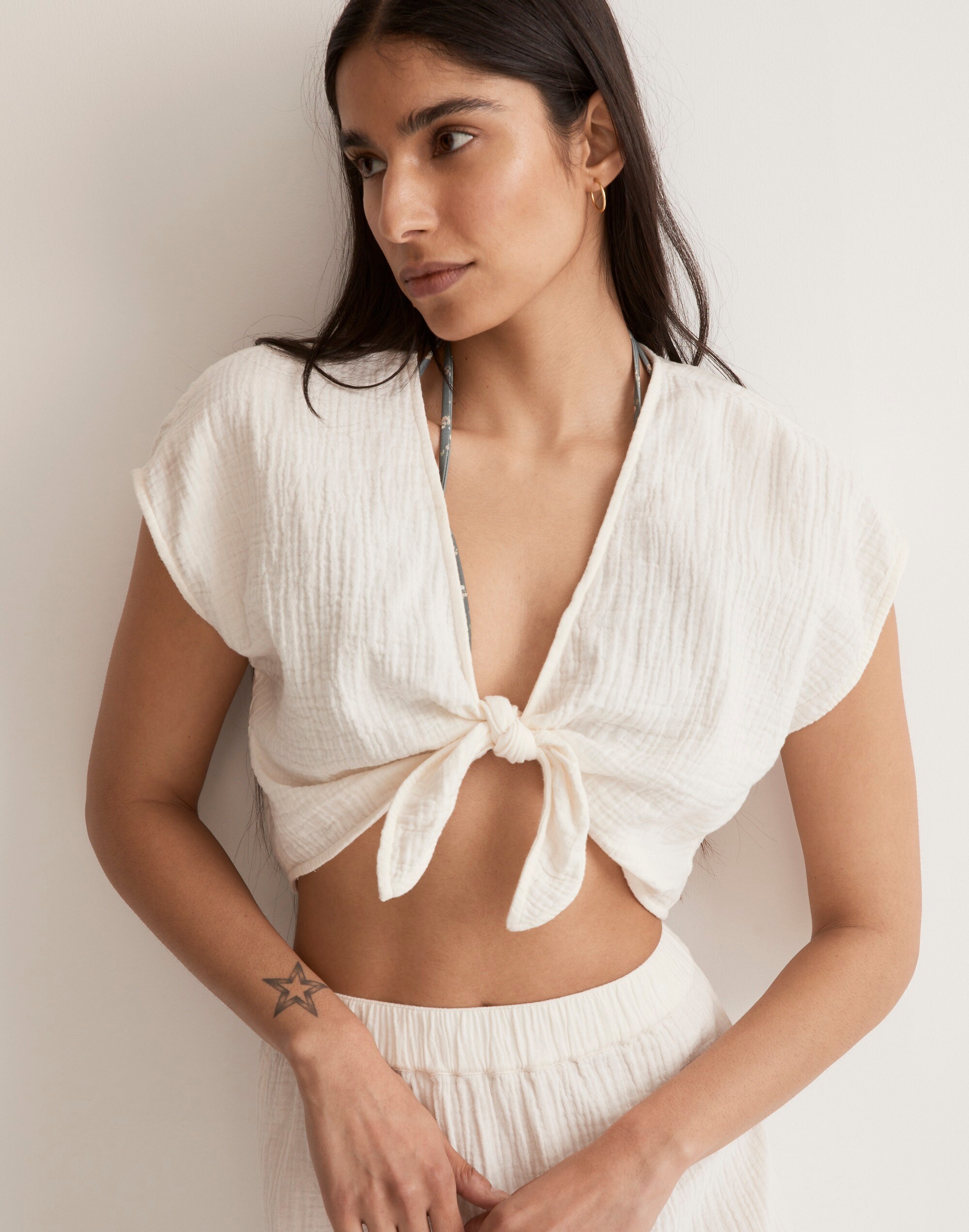 Double-Gauze Tie-Front Cropped Top