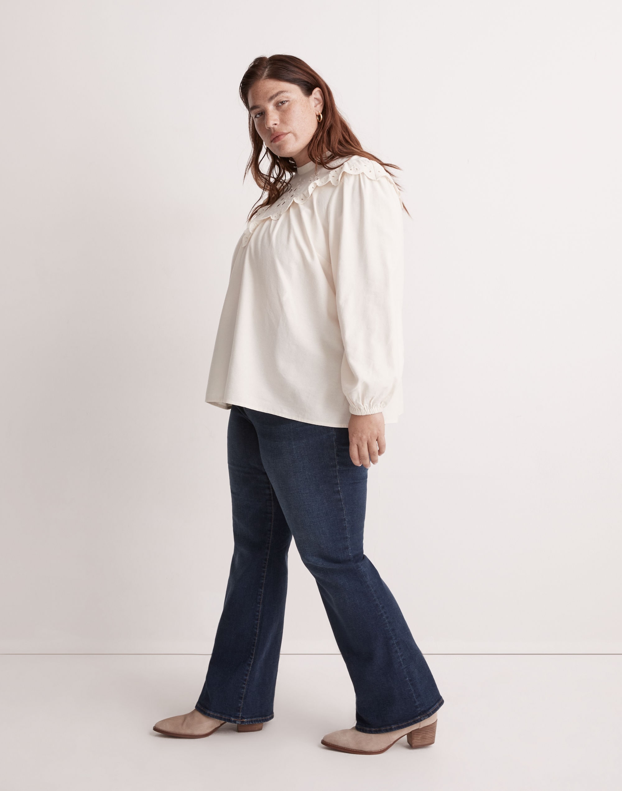 Plus Embroidered Flannel Mockneck Top