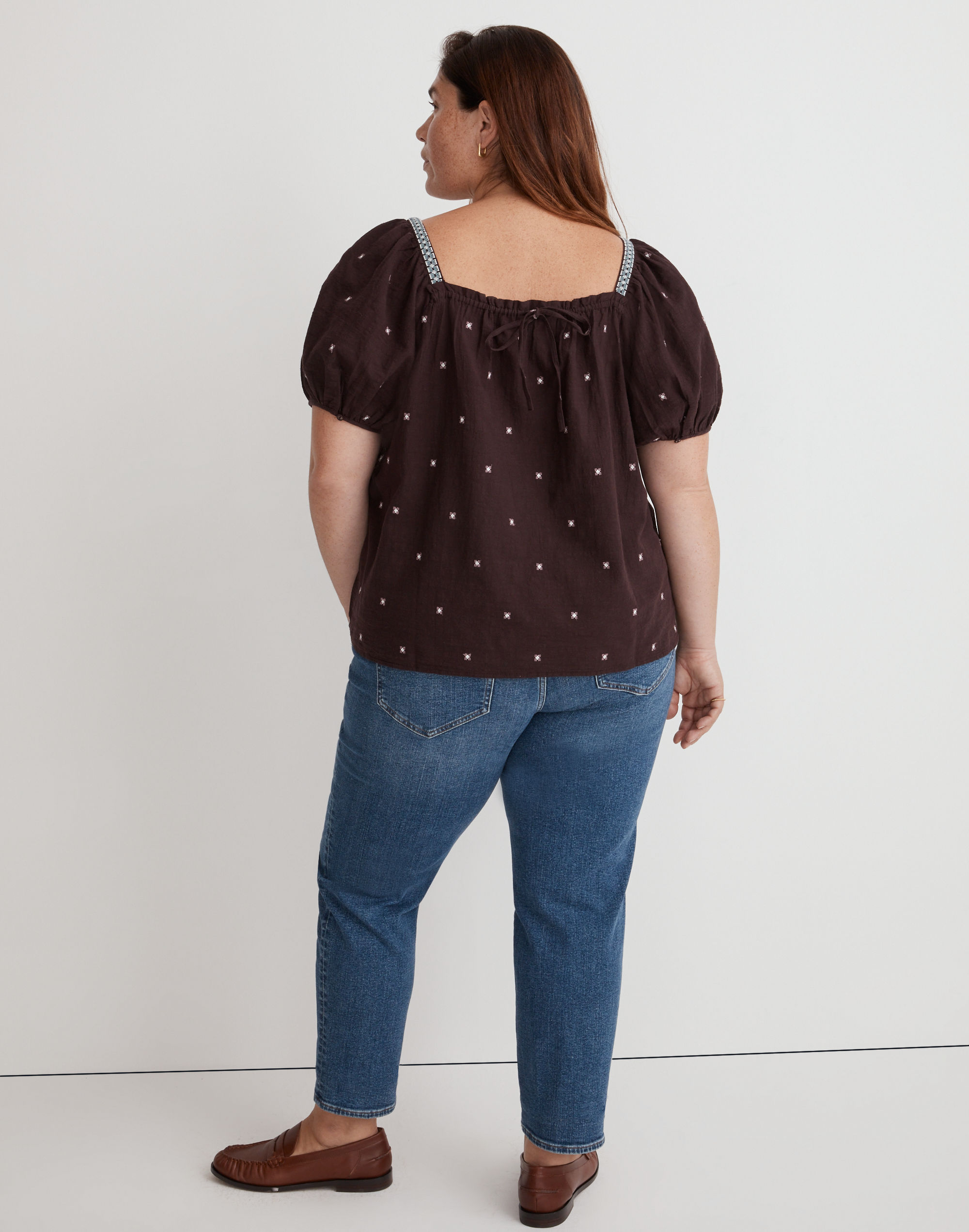 Plus Embroidered Crinkle Cotton Bubble-Sleeve Top