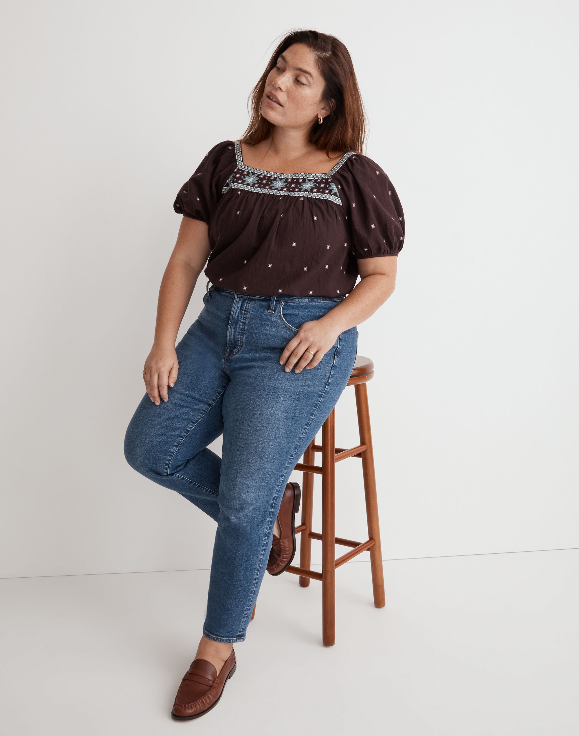 Plus Embroidered Crinkle Cotton Bubble-Sleeve Top