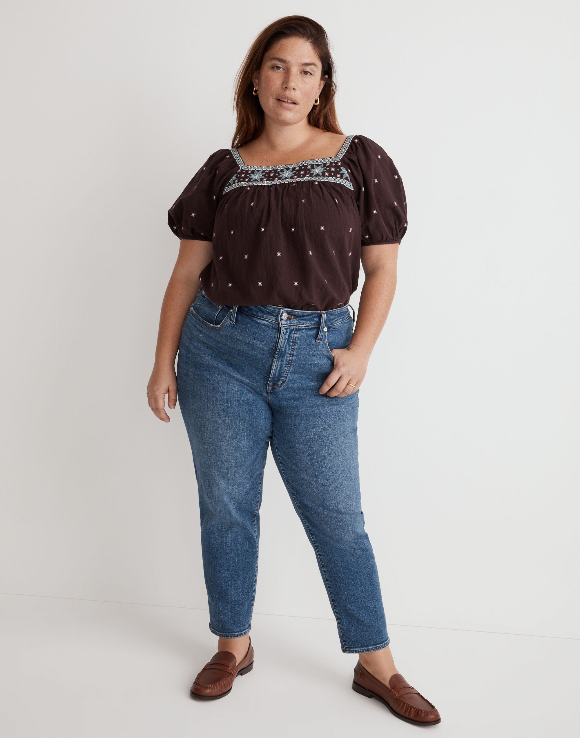 Plus Embroidered Crinkle Cotton Bubble-Sleeve Top