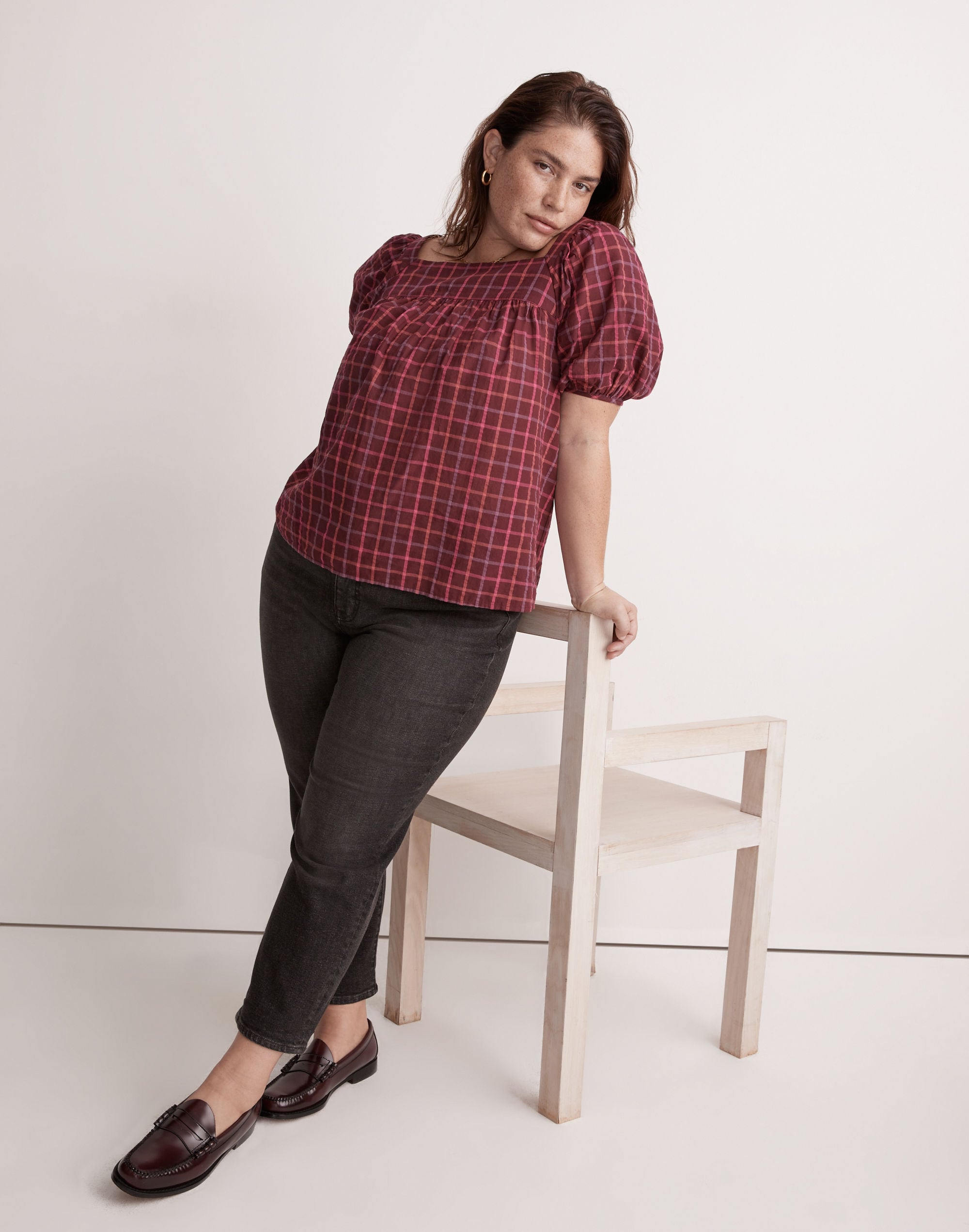 plus seersucker bubble-sleeve top