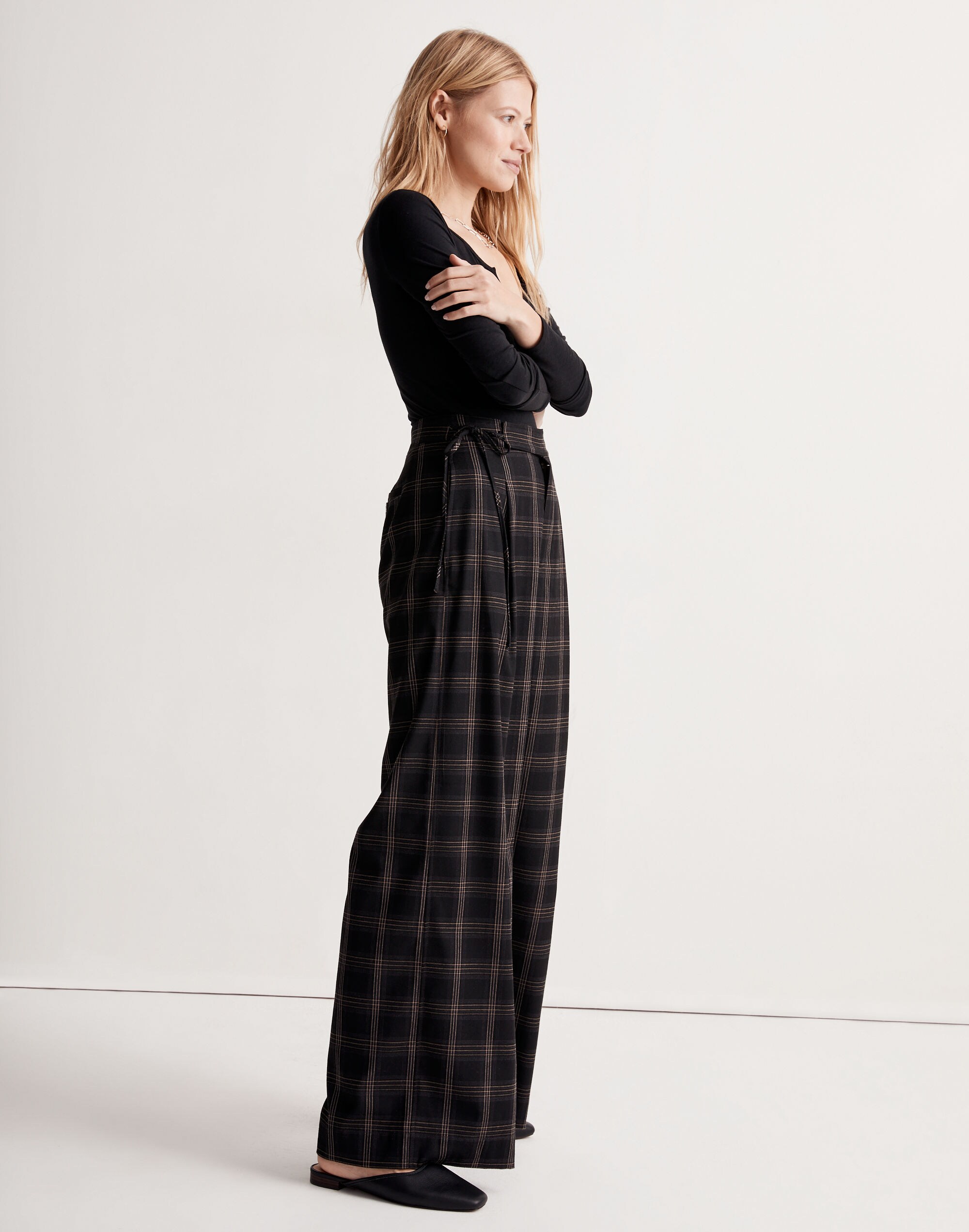 Harlow Side-Tie Wide-Leg Pants in Plaid