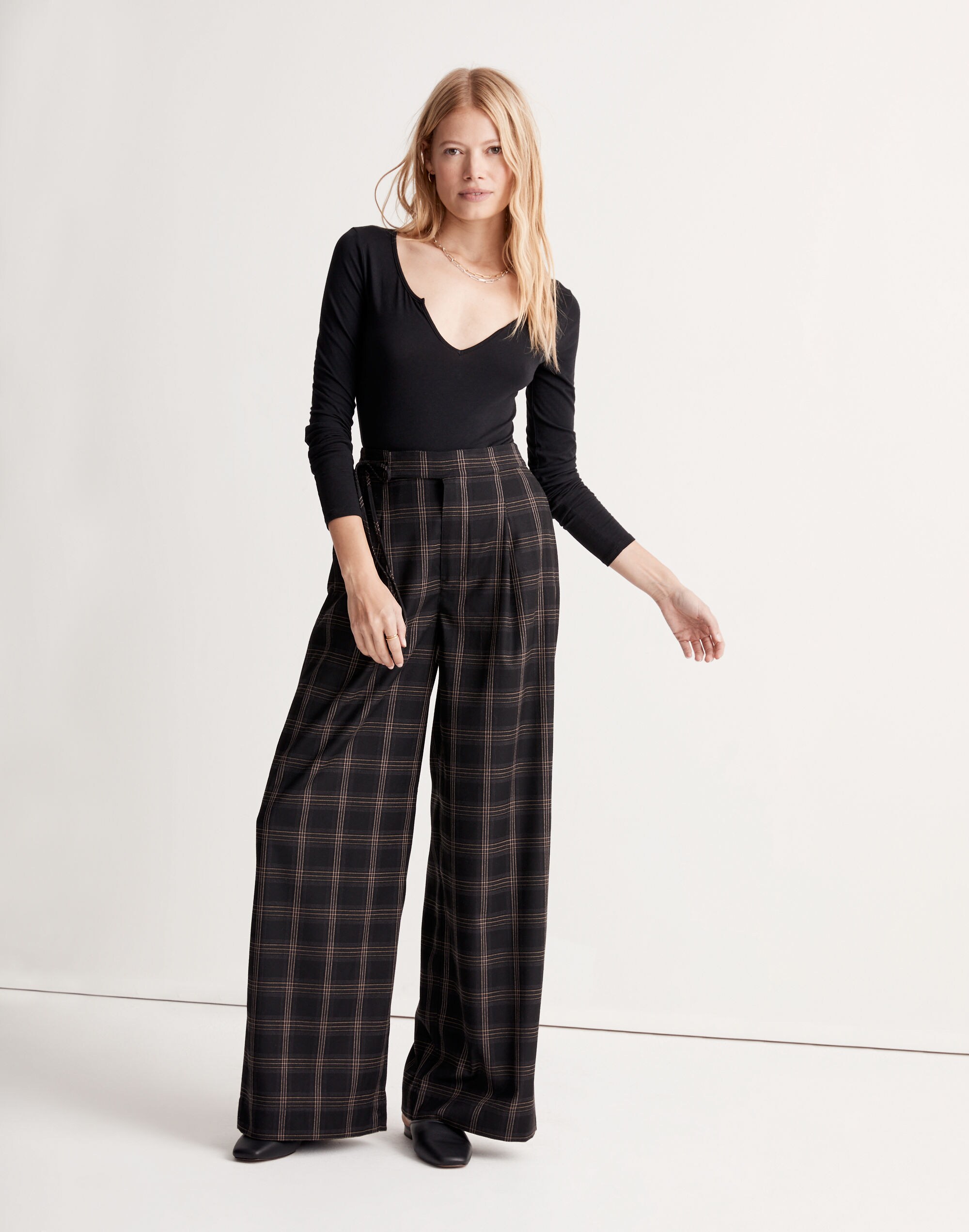Harlow Side-Tie Wide-Leg Pants in Plaid